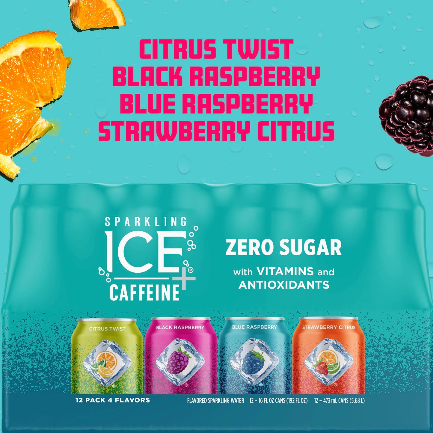 Sparkling Ice Flavored Sparkling Water +Caffeine Variety Pack, Zero Sugar, 16 Fl Oz, 12 Count, Citrus Twist, Black Raspberry, Blue Raspberry, Strawberry Citrus