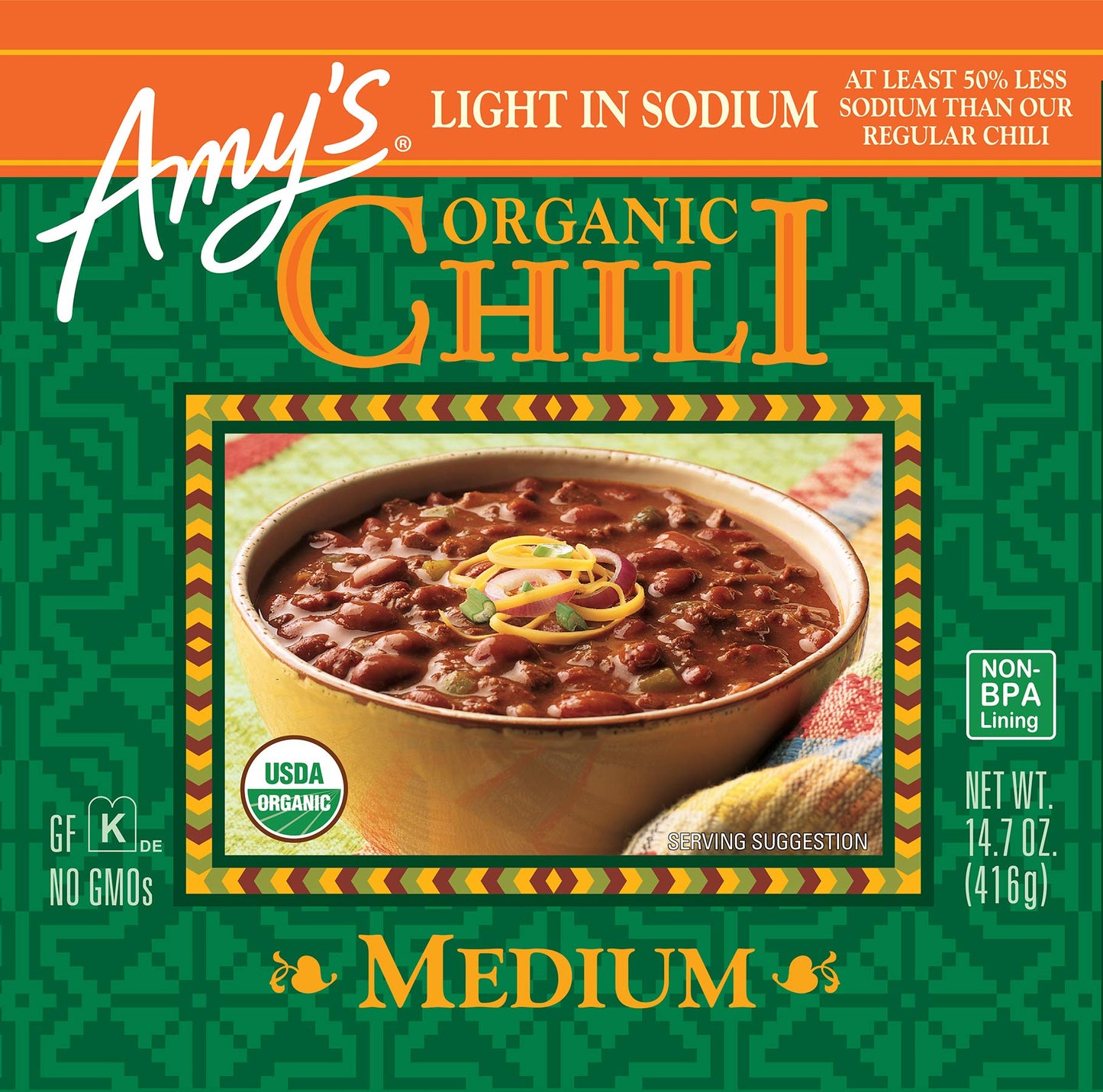 Amy'S Organic Chili, Vegan Medium Chili, Light In Sodium, Gluten Free, Made With Organic Red Beans And Tofu, 14.7 Oz (12 Pack)
