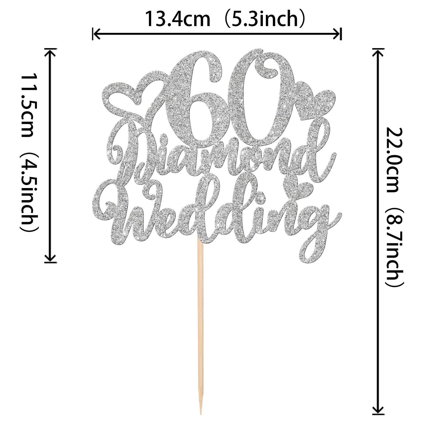 1 Pcs 60Th Wedding Anniversary Cake Topper With Heart Silver Glitter Silver 60 Diamond Wedding Cake Pick Cheers To 60 Years Cake