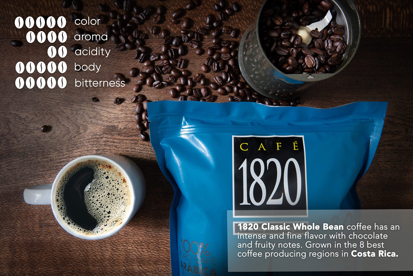 Caf   1820 Whole Bean, Premium Costa Rican Whole Bean Coffee, 100% Arabica, Dark Roast Coffee Beans, High Altitude Blend With Ar