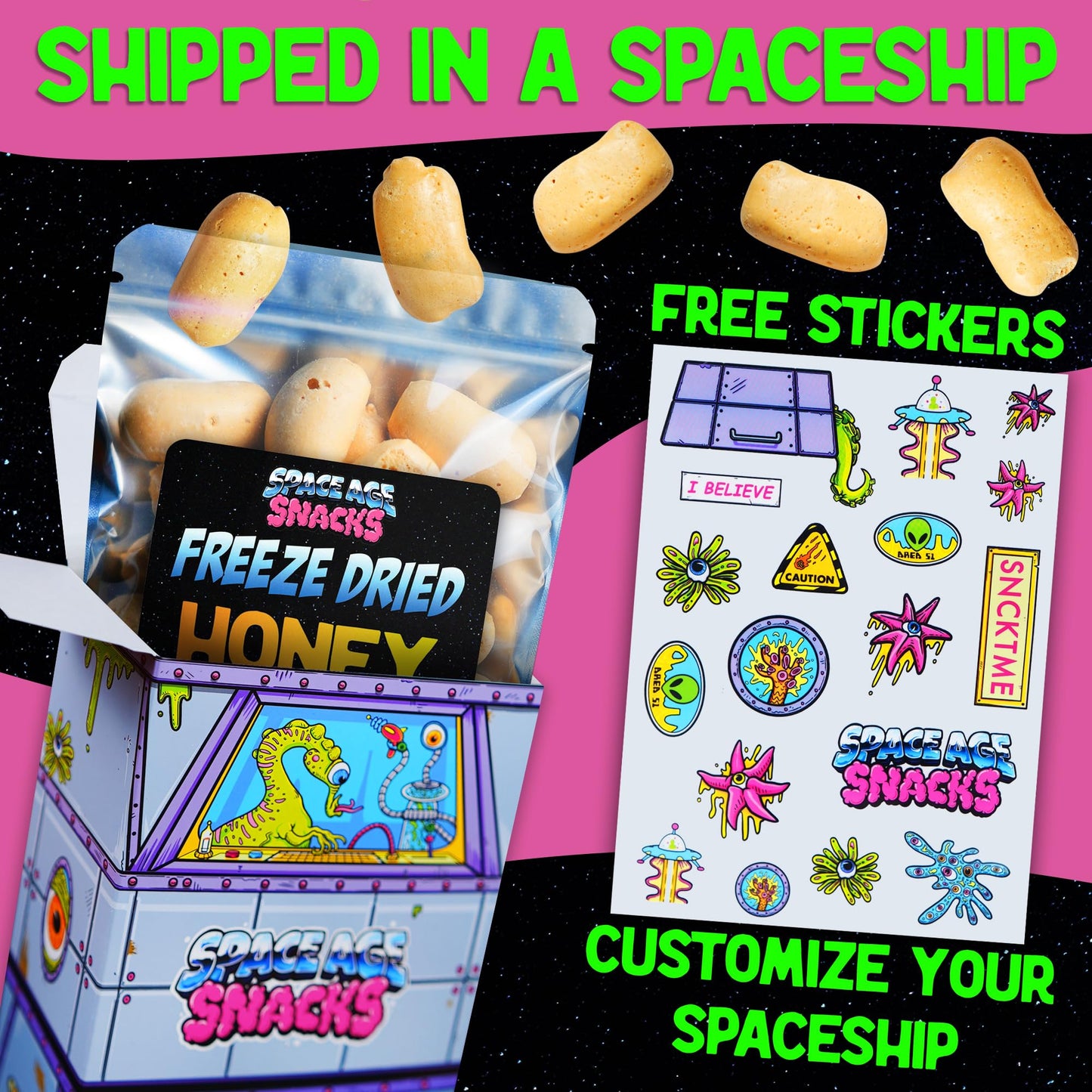 Space Age Snacks Freeze Dried Honey Beams Candy - 4 Ounces, Premium Quality, Shipped in Protective Box