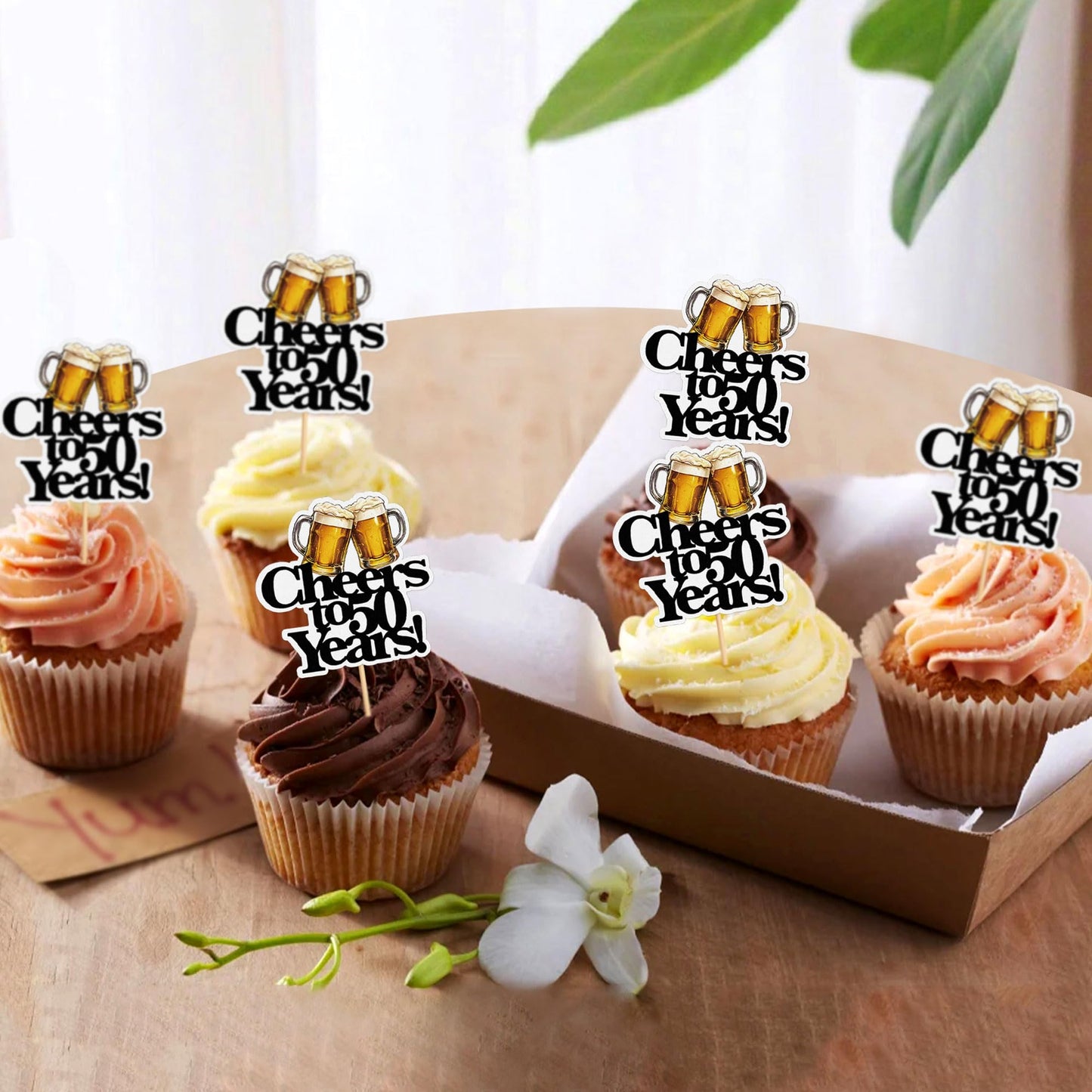 Ercadio malt-inspired Party Cupcake Toppers, 28 PCS, Cheers to 50 Years Decor, White-50
