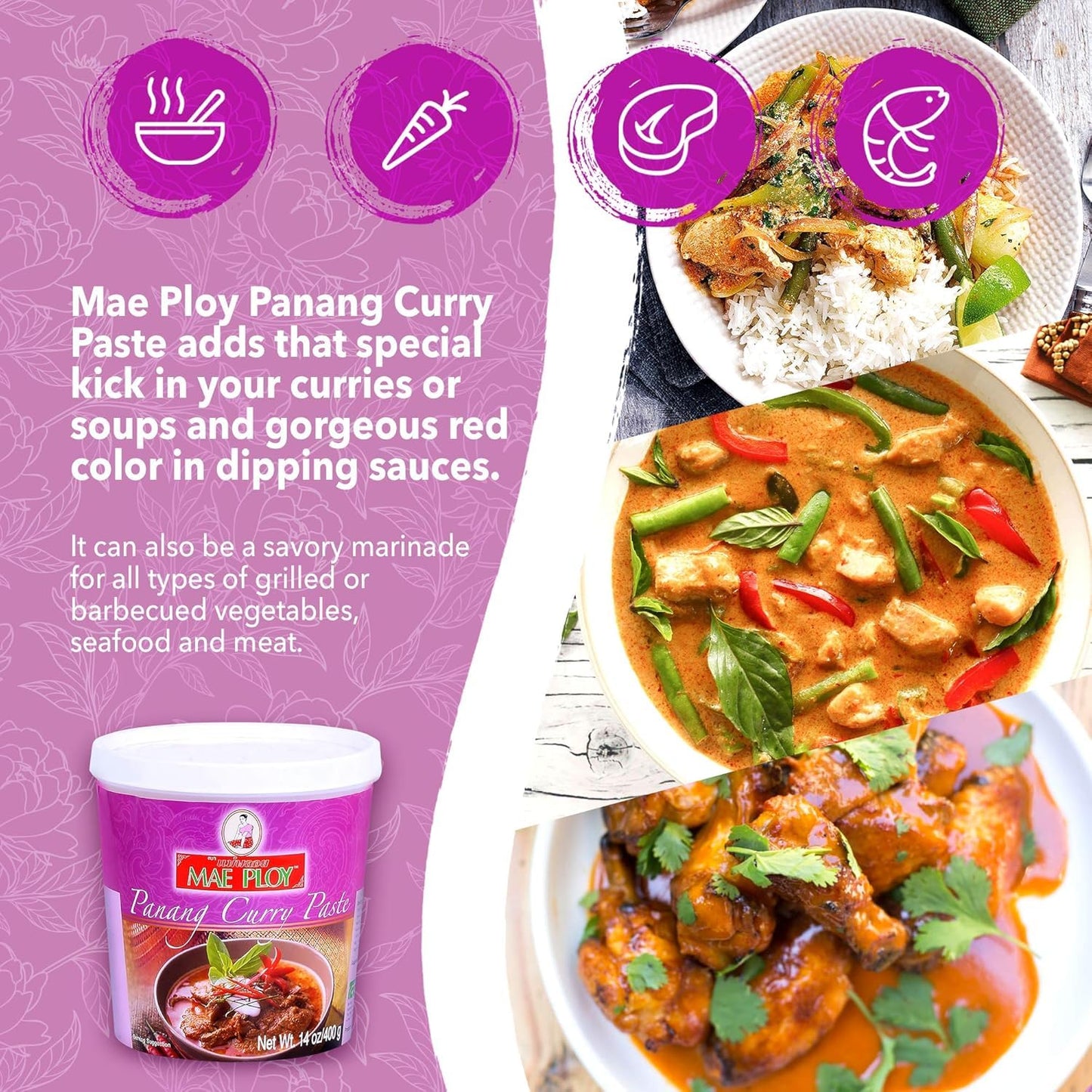 Mae Ploy Panang Curry Paste - Authentic Thai Flavor for Curries & Dishes, Aromatic Herbs & Spices, 14 oz Tub, No MSG