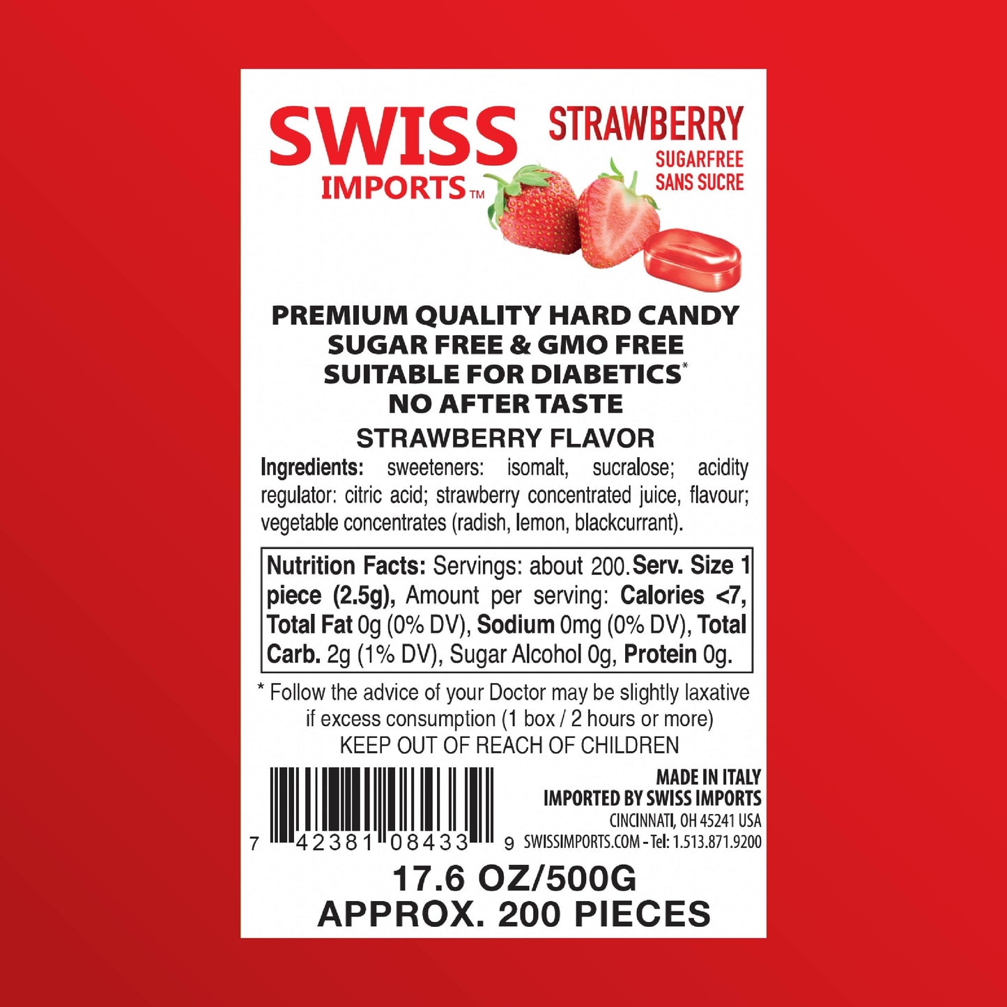 Swiss Imports Sugar Free Bonbons Hard Candy Drops, Strawberry, 200 Individually Wrapped Pieces, 500G/17.6Oz