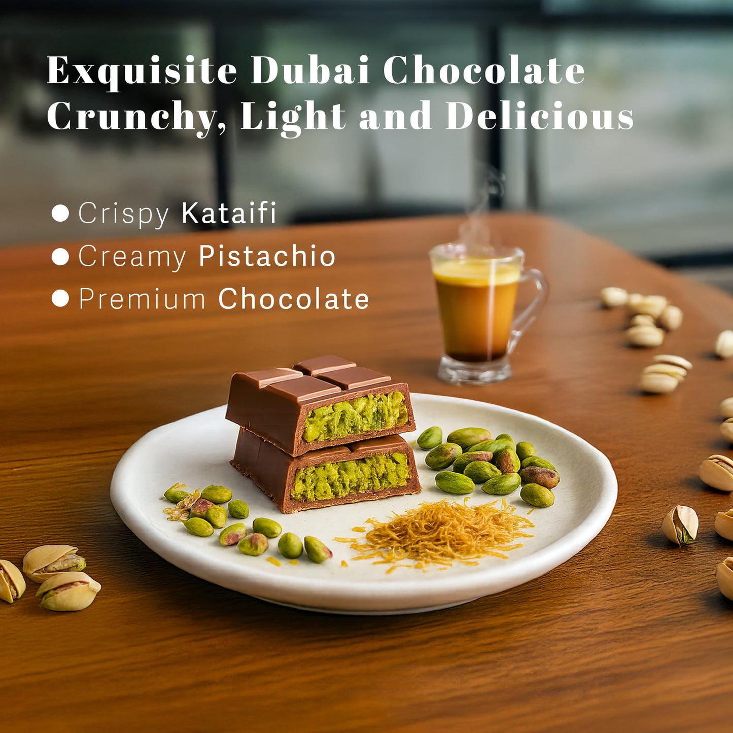 Luxury Dubai Chocolate Bar - Belgian Chocolate Filled with Pistachio Cream  Whole Pistachios & Roasted Kadayif - Gourmet Handmade Sweets (95 Gram/3.35 oz)