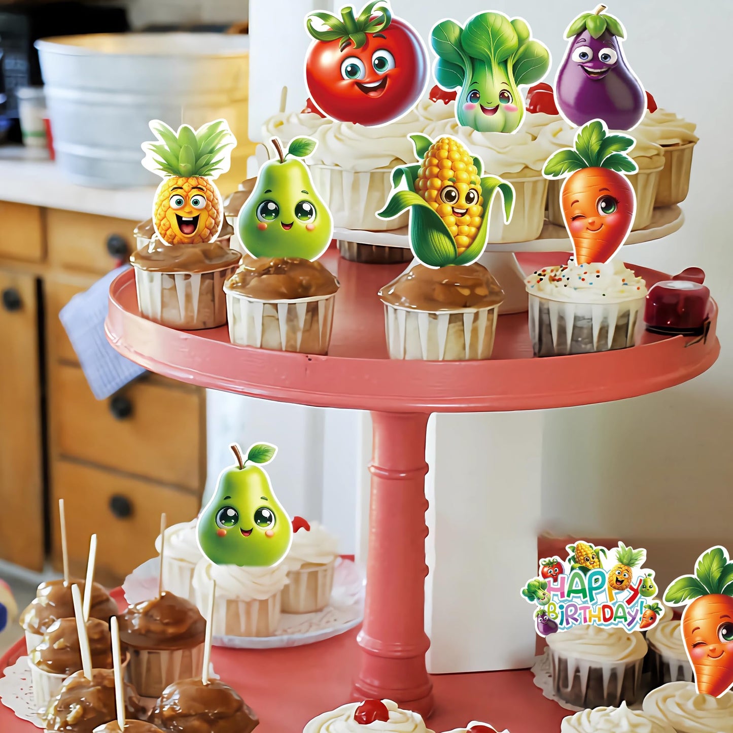 48Pcs Edible Fruit Birthday Cupcake Toppers Wafer Paper Dancing Fruit Birthday Decorations For Baby Shower Wedding Party Decorat