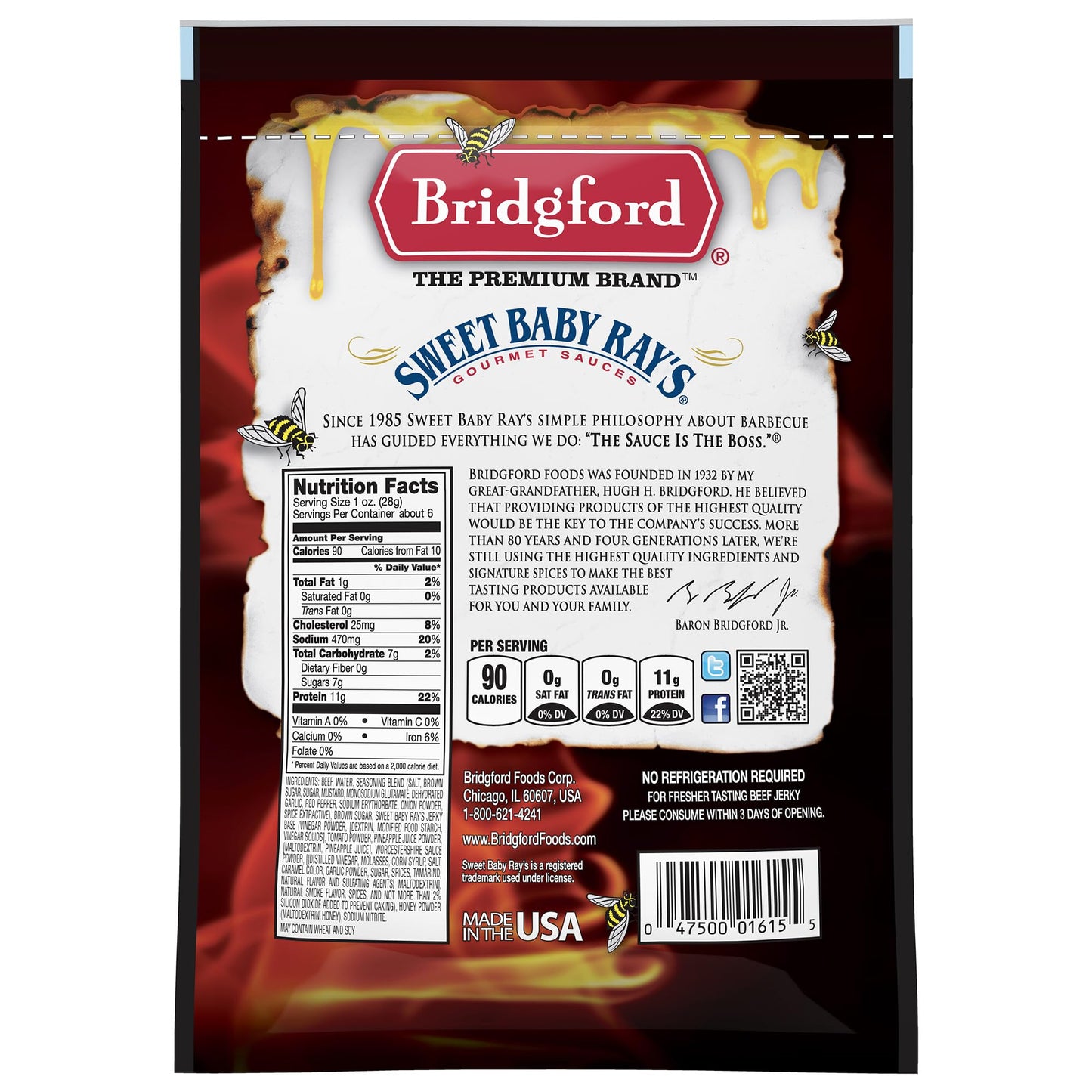 Bridgford Beef Jerky Honey BBQ - High Protein Snack, 6.2 oz Pack of 6, Naturally Smoked, Ready to Eat, Perfect for On-the-Go Snacking