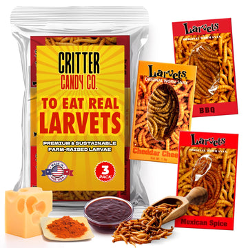 HotLix Larvets Edible Bugs (3-Pack), Real Flavored Edible Larvae in Cheddar Cheese, BBQ, Mexican Cheese, Exotic Snacks, Edible I