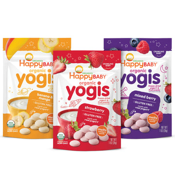 Happy Baby Organics Baby Snacks, Yogis, Freeze Dried Yogurt & Fruit Snacks, Gluten Free Snack For Babies 9+ Months, 3 Flavor Var