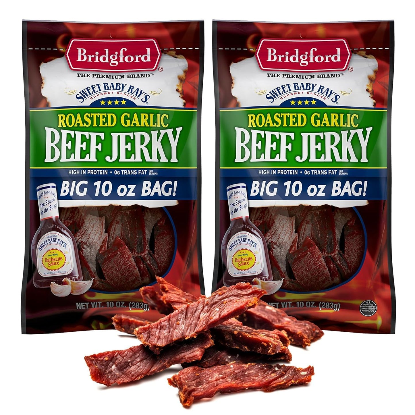 Bridgford Beef Jerky Roasted Garlic, High Protein, 10 oz, 2 Pack