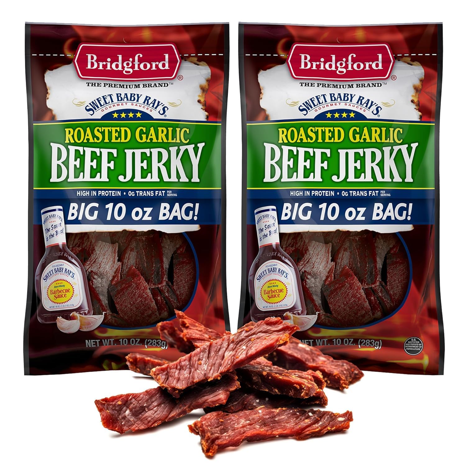 Bridgford Beef Jerky Roasted Garlic, High Protein, 10 oz, 2 Pack