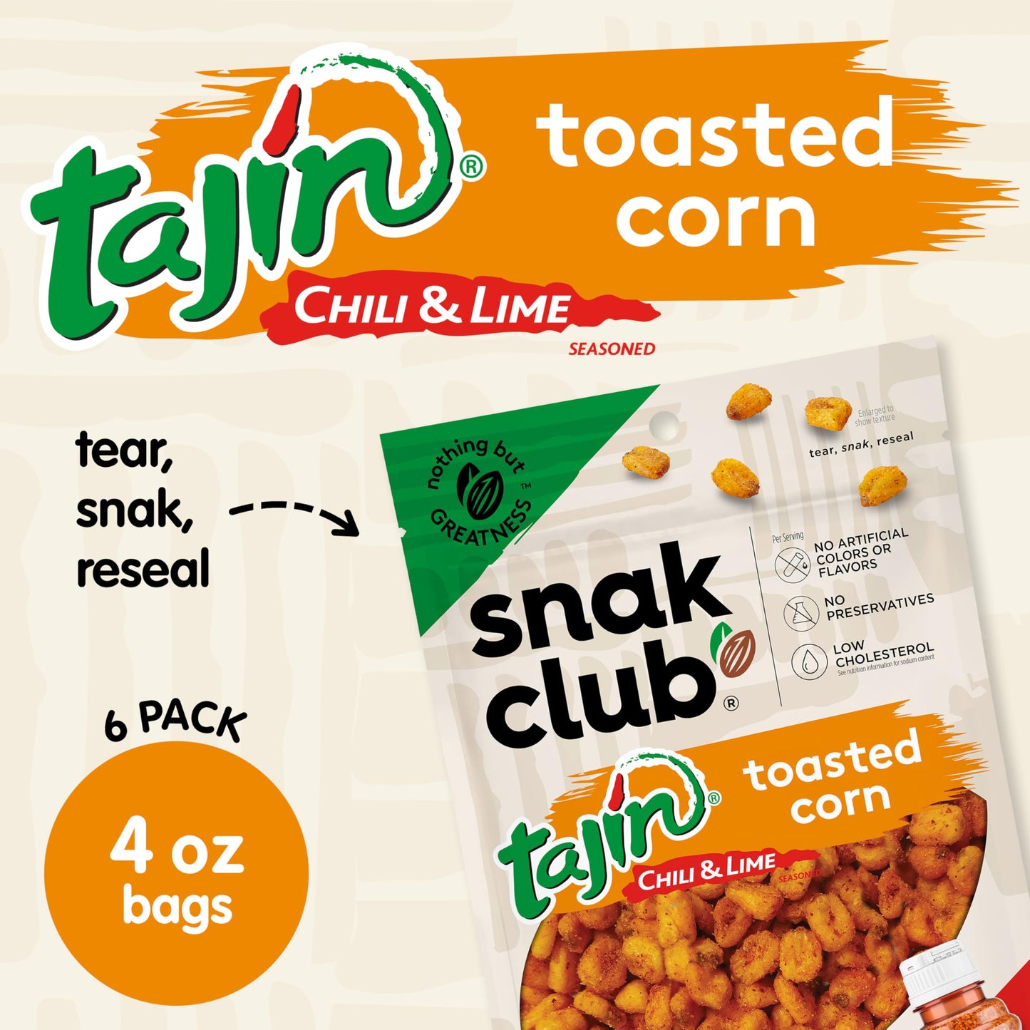 Snak Club Toasted Corn Nuggets with Chili and Lime, Non-GMO, Gluten-Free, 4 oz (Pack of 6), Orange Label