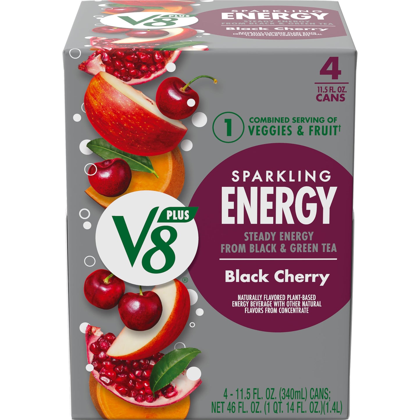 V8 +ENERGY Black Cherry Energy Drink, Pack of 4 (11.5 Fl Oz), Model 200000027626