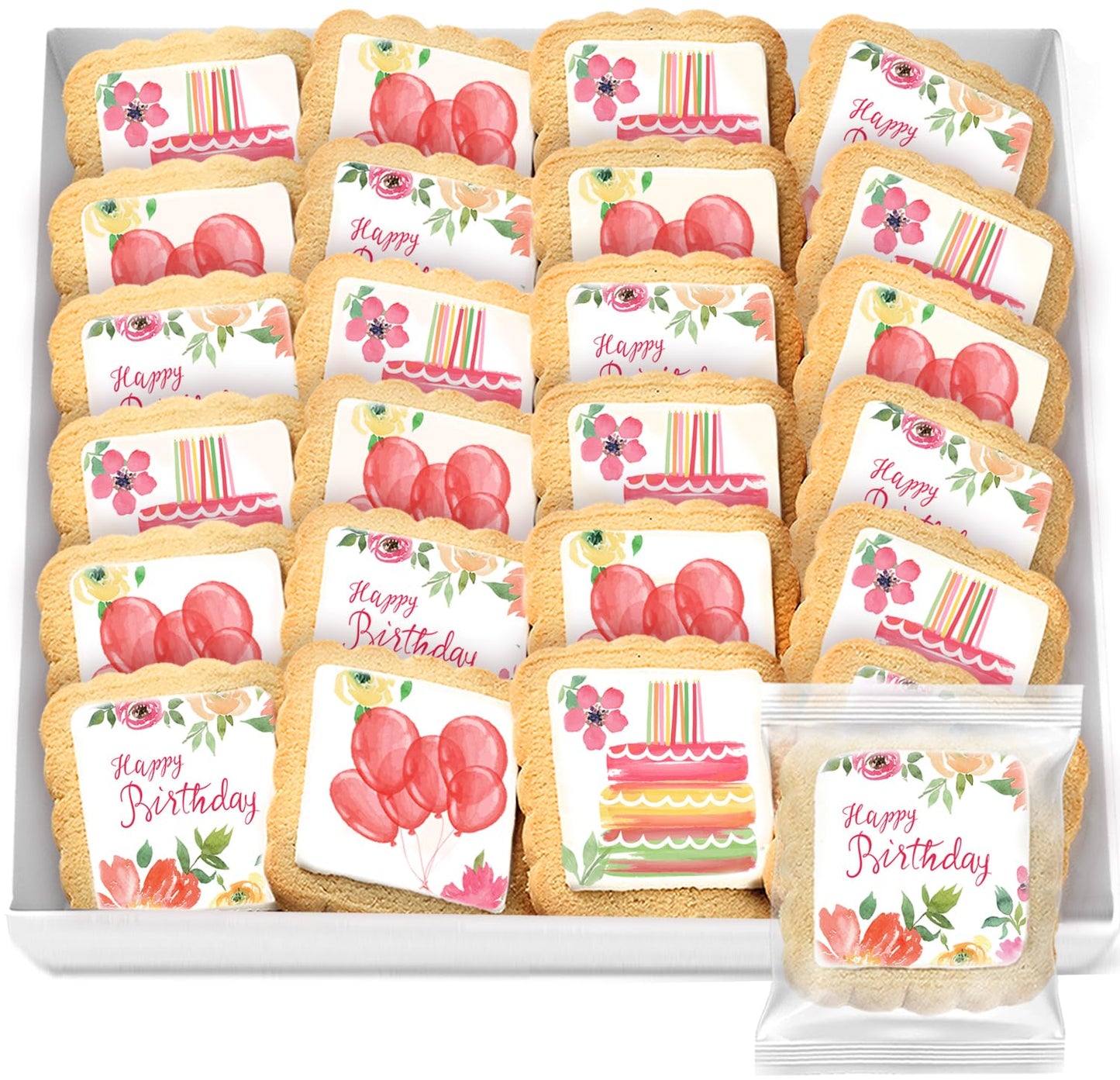 Happy Birthday Cookies Party Favors For Women Girls Her | Individually Wrapped | Bulk 24 Pack | Decorated Sugar Cookie Floral Flowers | Gift Basket Peanut & Tree Nut Free