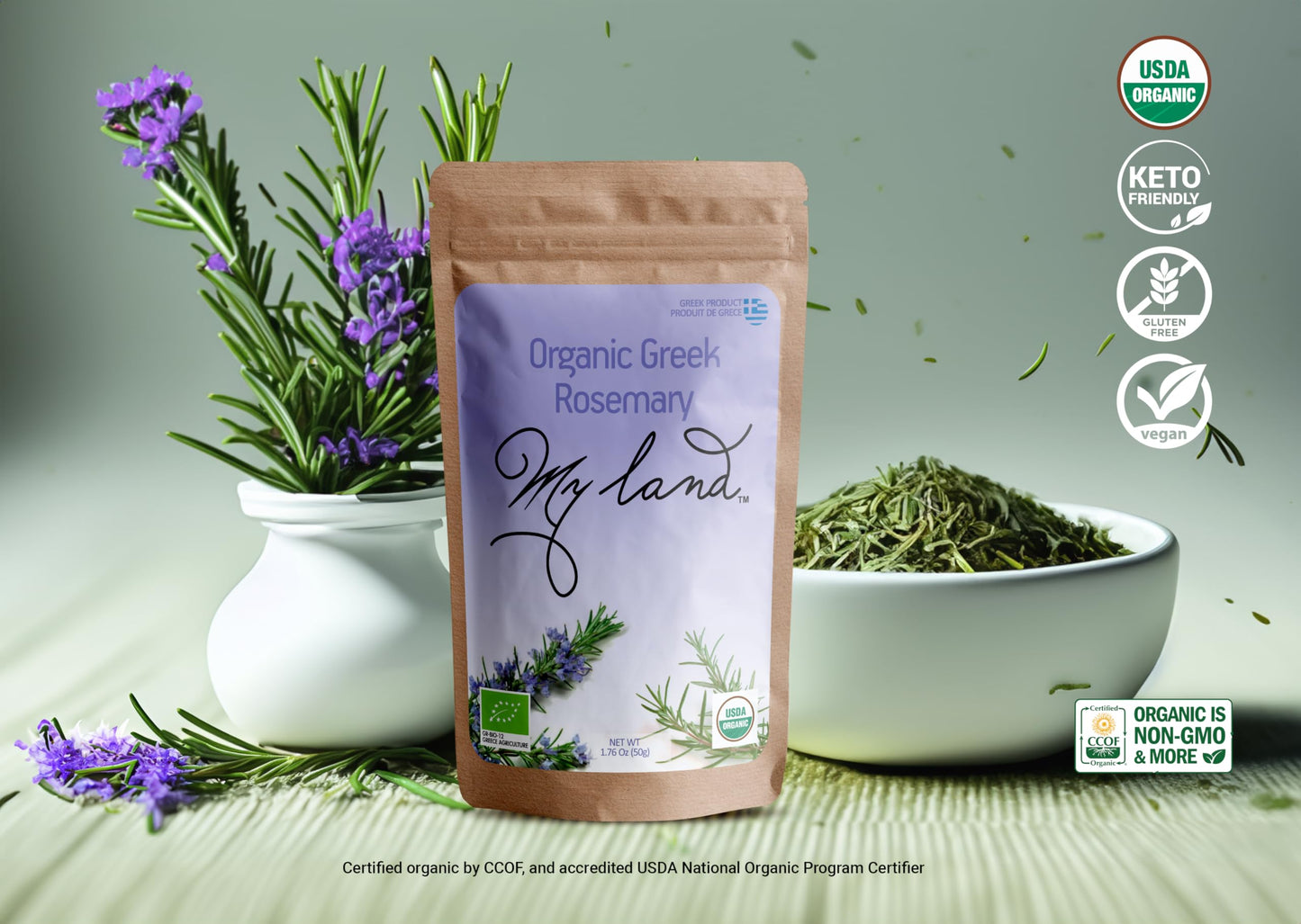My Land Organic Dried Rosemary Leaves - 1.76 oz (50 g) | USDA Certified Organic Herb for Tea & Culinary Use | Naturally Aromatic