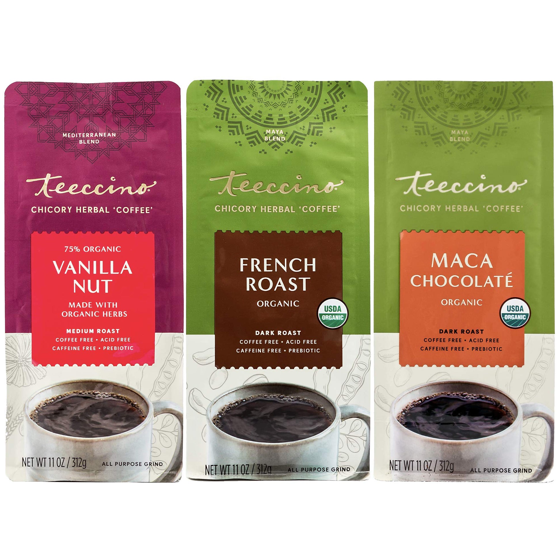 Teeccino Herbal Coffee Variety Pack - Caffeine-Free Dark Roast, 11 Ounce (Pack of 3)