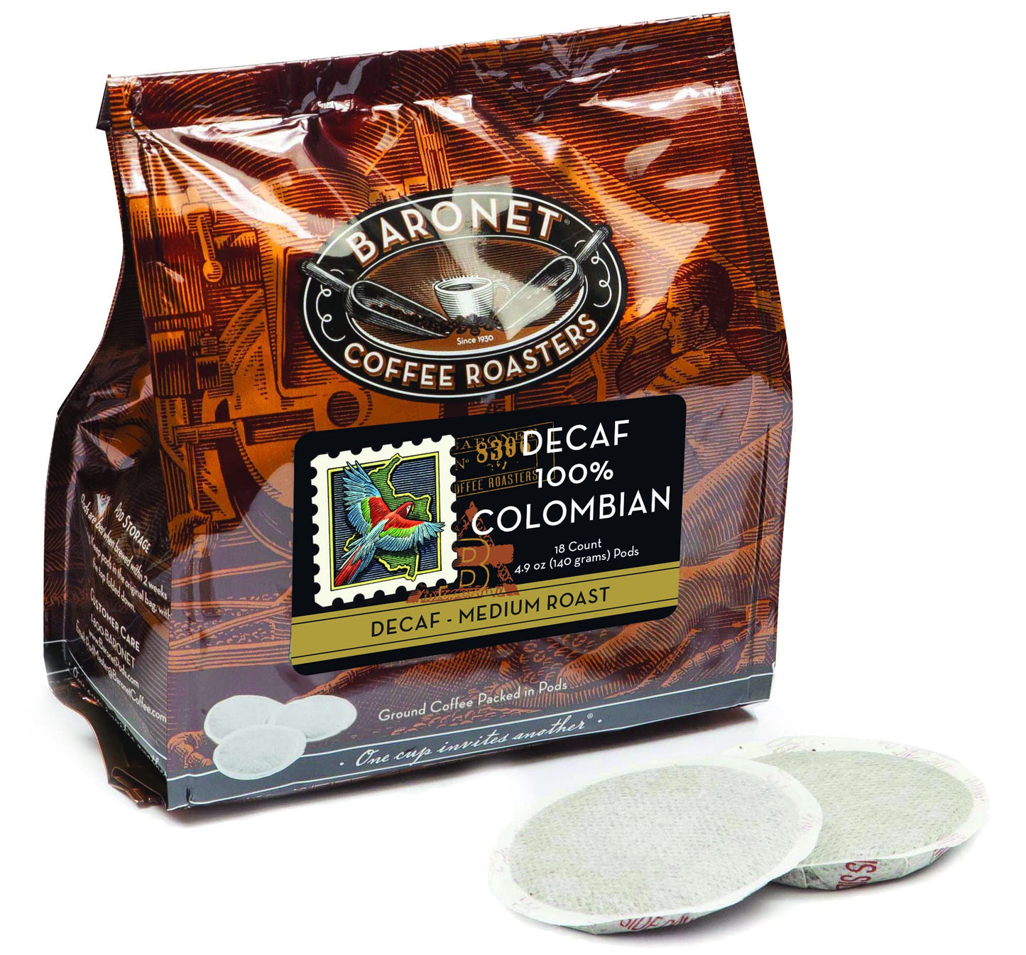 Baronet Coffee Pods DECAF Colombian 54 Pods 18 Count (Pack of 3) Regular Strength Medium Roast Model 722919710404