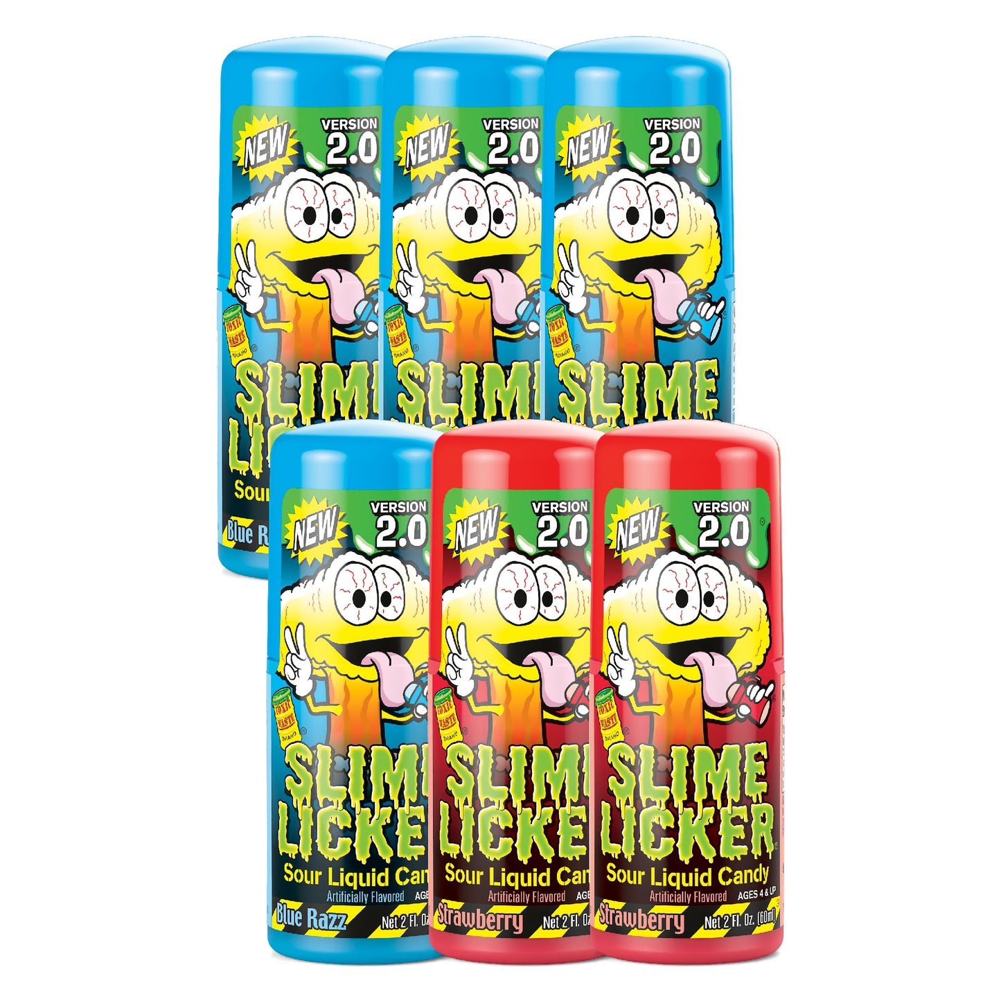 TOXIC WASTE Slime Licker 2.0 Sour Liquid Candy - 6 Pack (2 oz. Bottles) - Flavors: Strawberry & Blue Razz