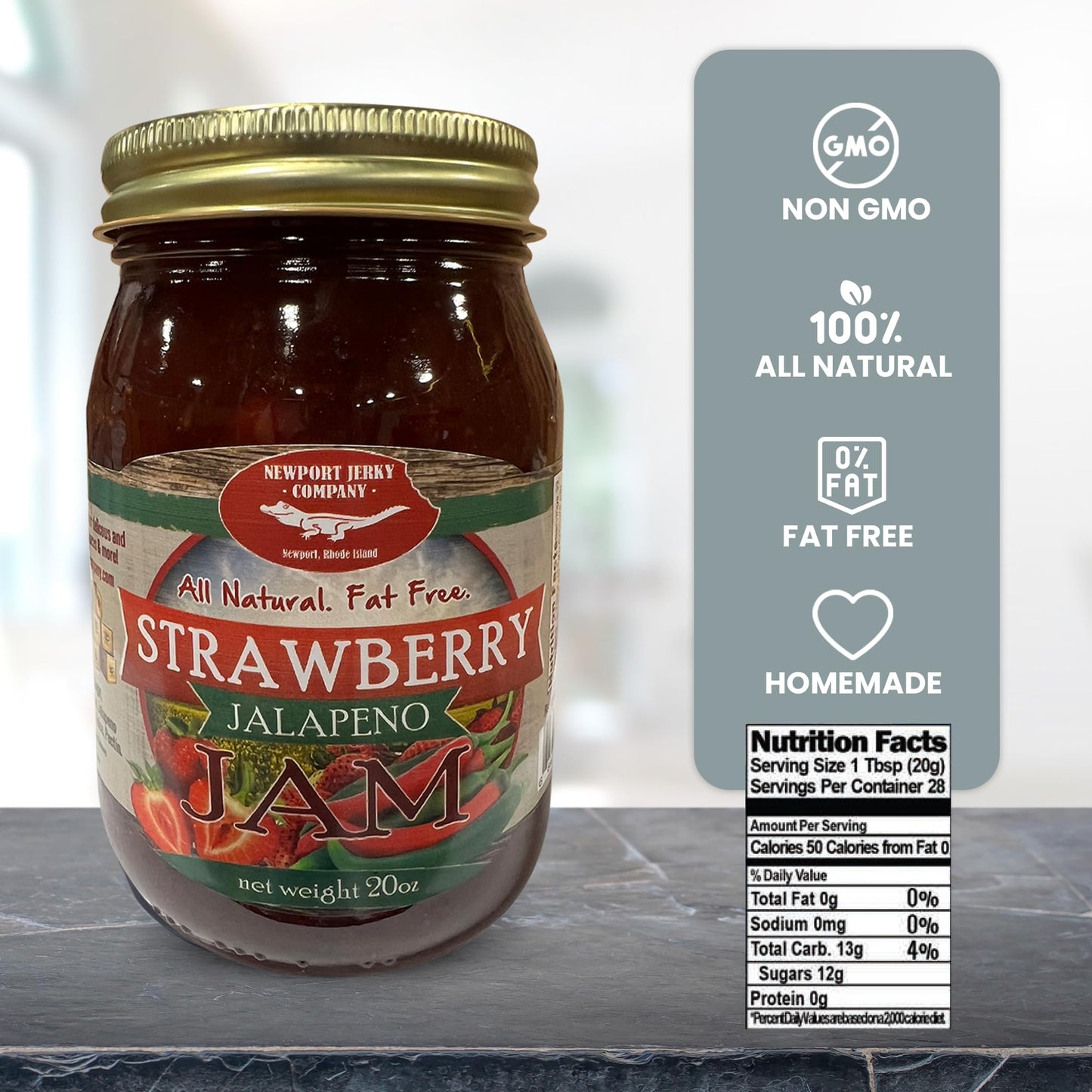 NEWPORT JERKY COMPANY Gourmet Strawberry Jalapeno Jam, Handcrafted, Fat Free, Gluten Free, 20oz