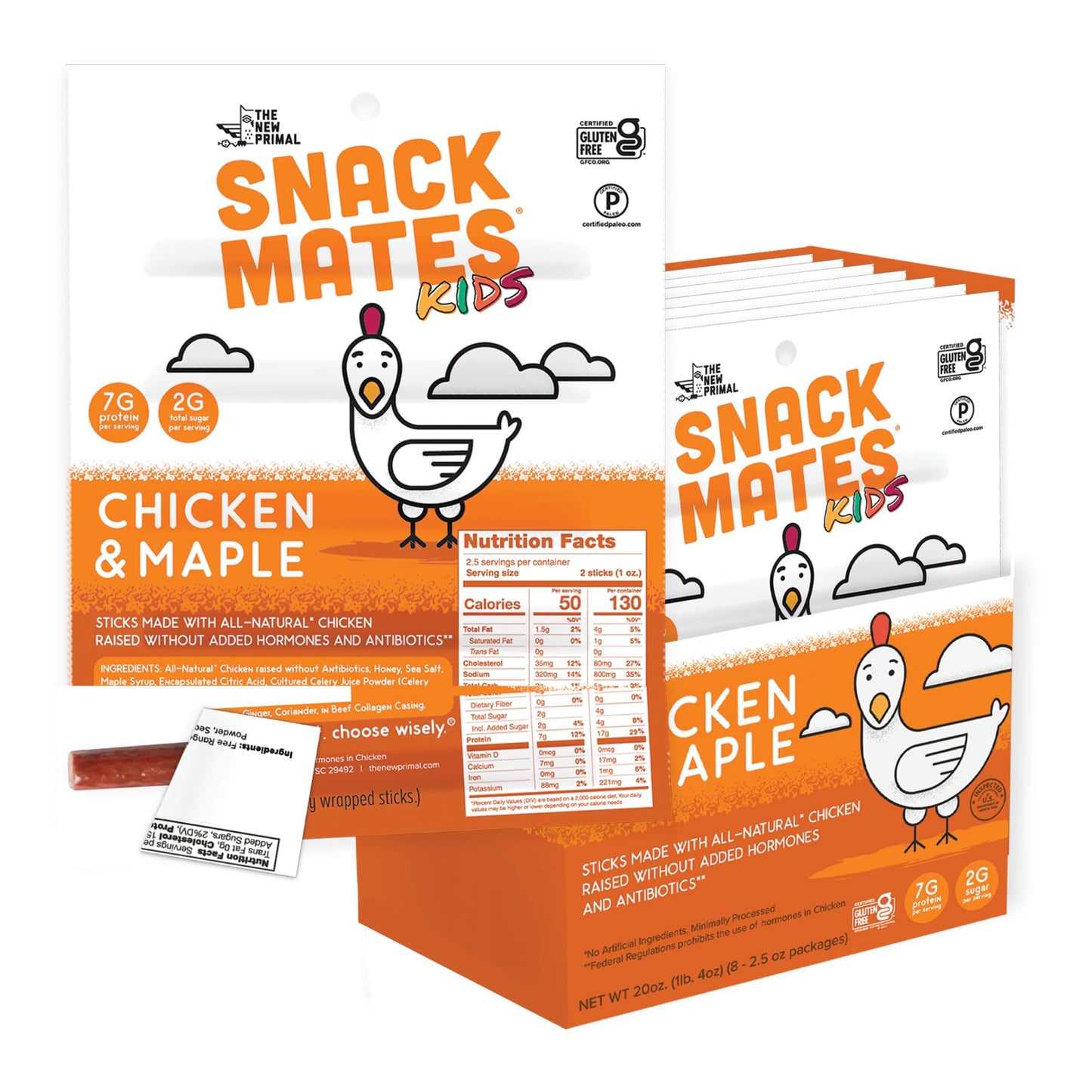 The New Primal Snack Mates Chicken & Maple Sticks, Gluten Free Healthy Snacks For Kids, Low Sugar High Protein Back To School Sn