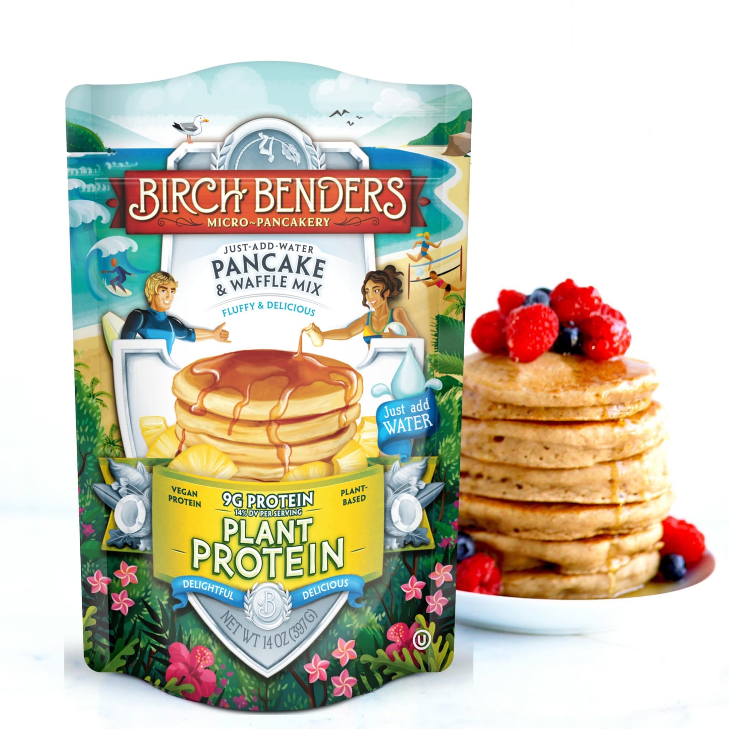 Birch Benders Vegan Plant Protein Pancake & Waffle Mix, 14 oz (Pack of 3) - 9g Protein, Whole Grains, Just Add Water