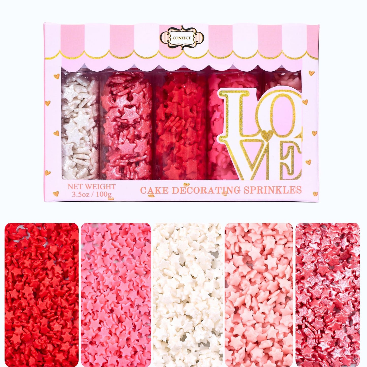 Confect Star Sprinkles | Sprinkle for Baking, Cookie & Cake Decorative | Baby Shower Sprinkles | Pink, White & Red Sprinkle | Ed