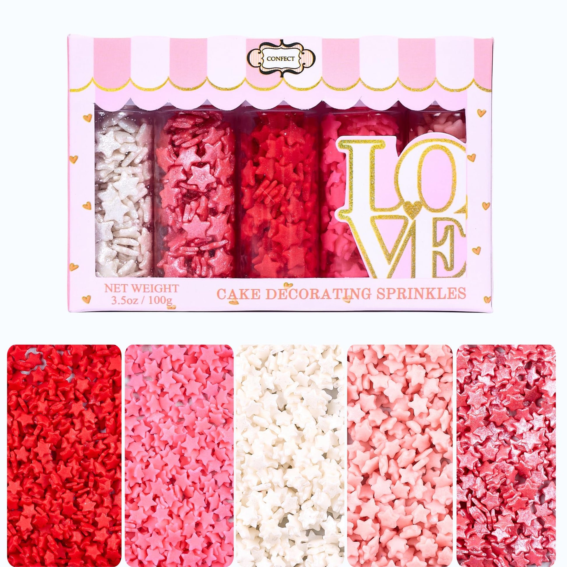 Confect Star Sprinkles | Sprinkle for Baking, Cookie & Cake Decorative | Baby Shower Sprinkles | Pink, White & Red Sprinkle | Ed