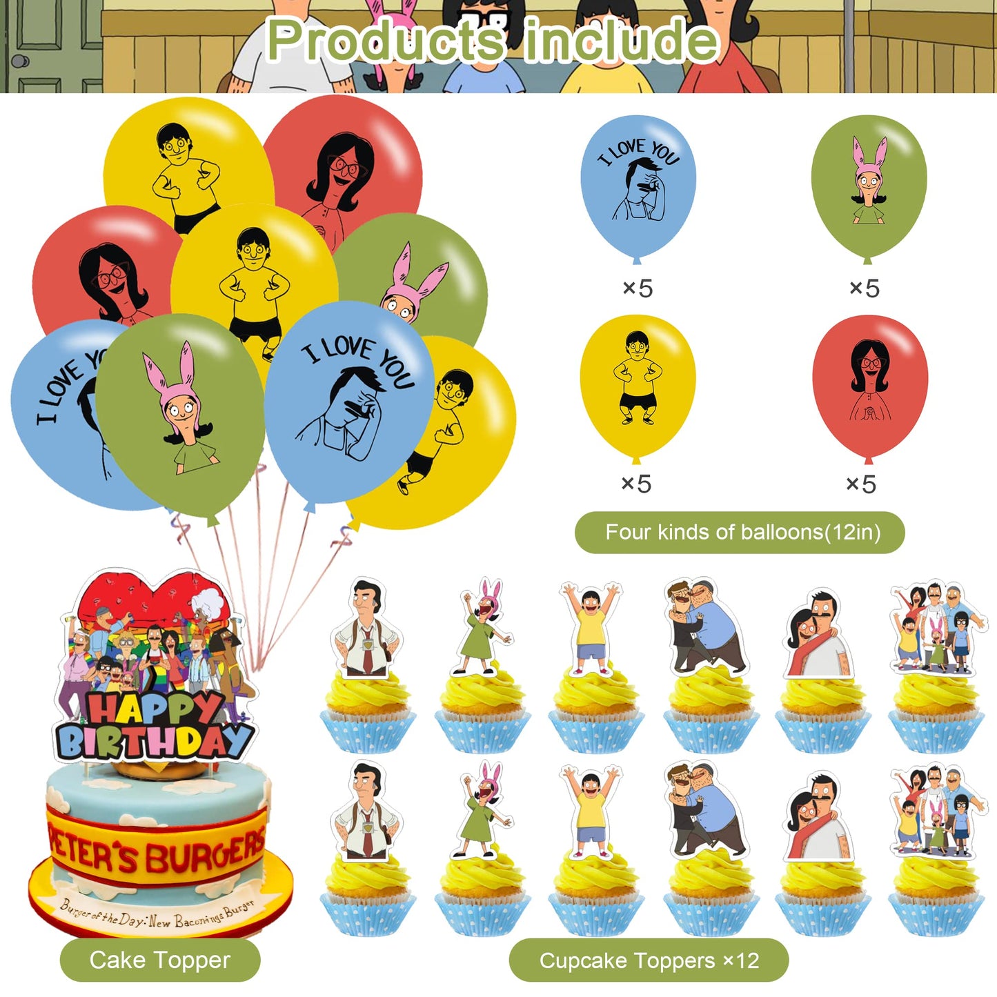 Bobs Burgers Party Decorations,Birthday Party Supplies For Bobs Burgers Party Supplies Includes Banner - Cake Topper - 12 Cupcak