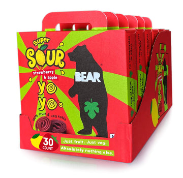 BEAR Sour - Real Fruit Yoyos - Strawberry-Apple, No added Sugar, All Natural, non GMO, Gluten Free, Vegan - Healthy on-the-go sn