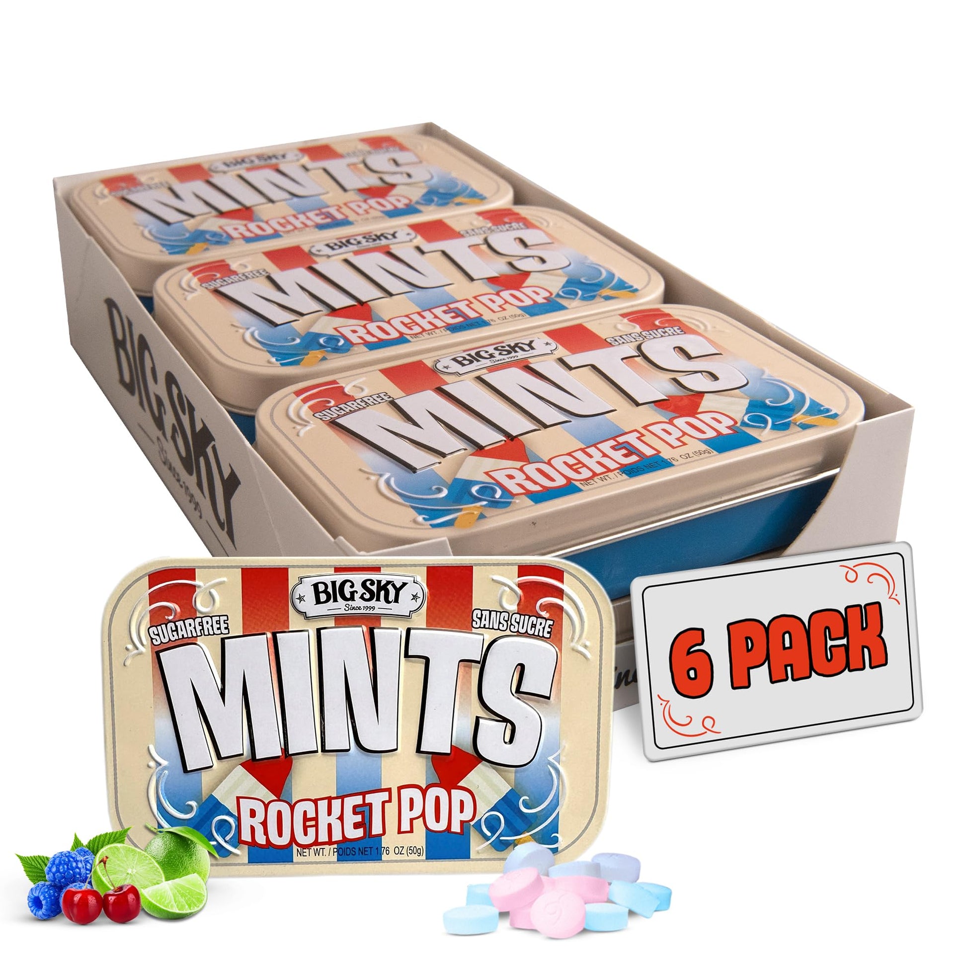 Big Sky Rocket Pop Sugar Free Mints - 50 Count Tin (Pack of 6) | Kosher Certified, Vegan Candy Mints | Aspartame & Gluten Free |