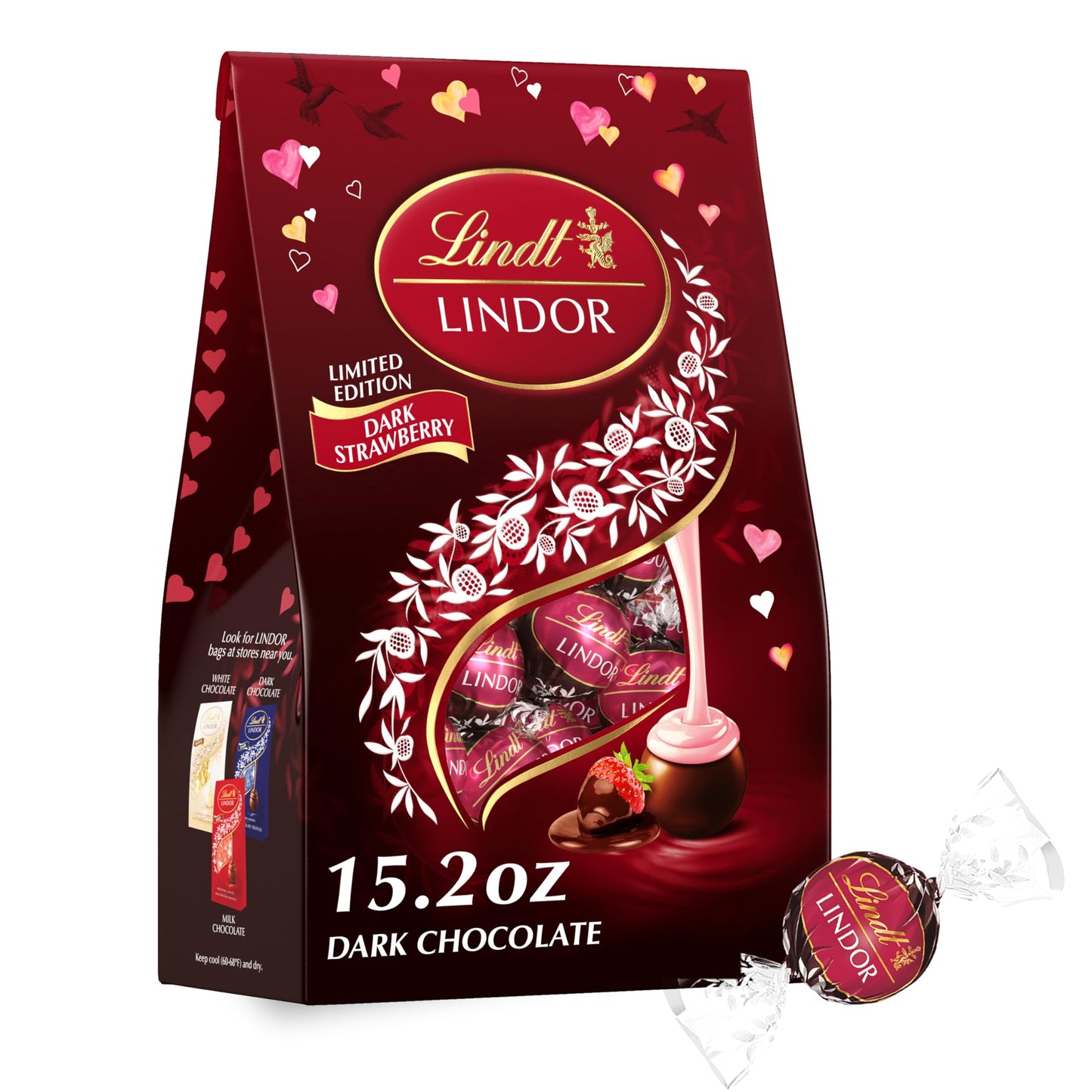 Lindt LINDOR Strawberry Dark Chocolate Truffles, 15.2 oz Bag, Dark Brown & Light Pink/White, Smooth Melting Center