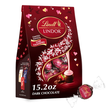 Lindt LINDOR Strawberry Dark Chocolate Truffles, 15.2 oz Bag, Dark Brown & Light Pink/White, Smooth Melting Center