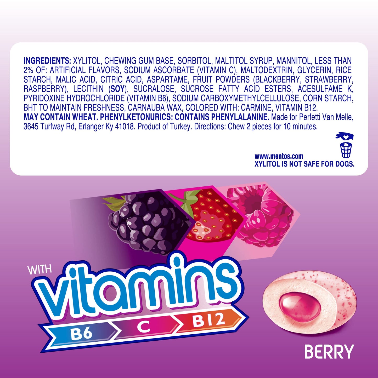 Mentos Gum With Vitamins, Sugar-Free Chewing Gum With Xylitol, Berry Flavor, Vitamins B6, B12, & C, 45 Piece Bottle (Pack Of 4)