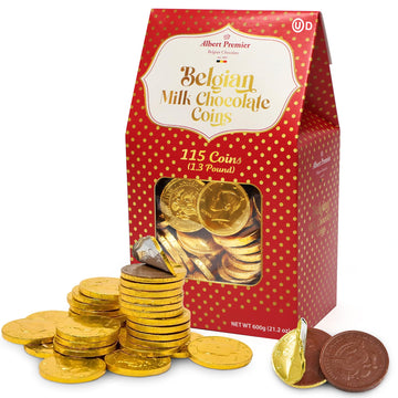 Albert Premier Belgian Chocolate Gold Coins Bulk - 1.3 Pound Approx 115 Individually Wrapped Coins Box For St. Patrick Party Favors, Pots Of Gold & Treats