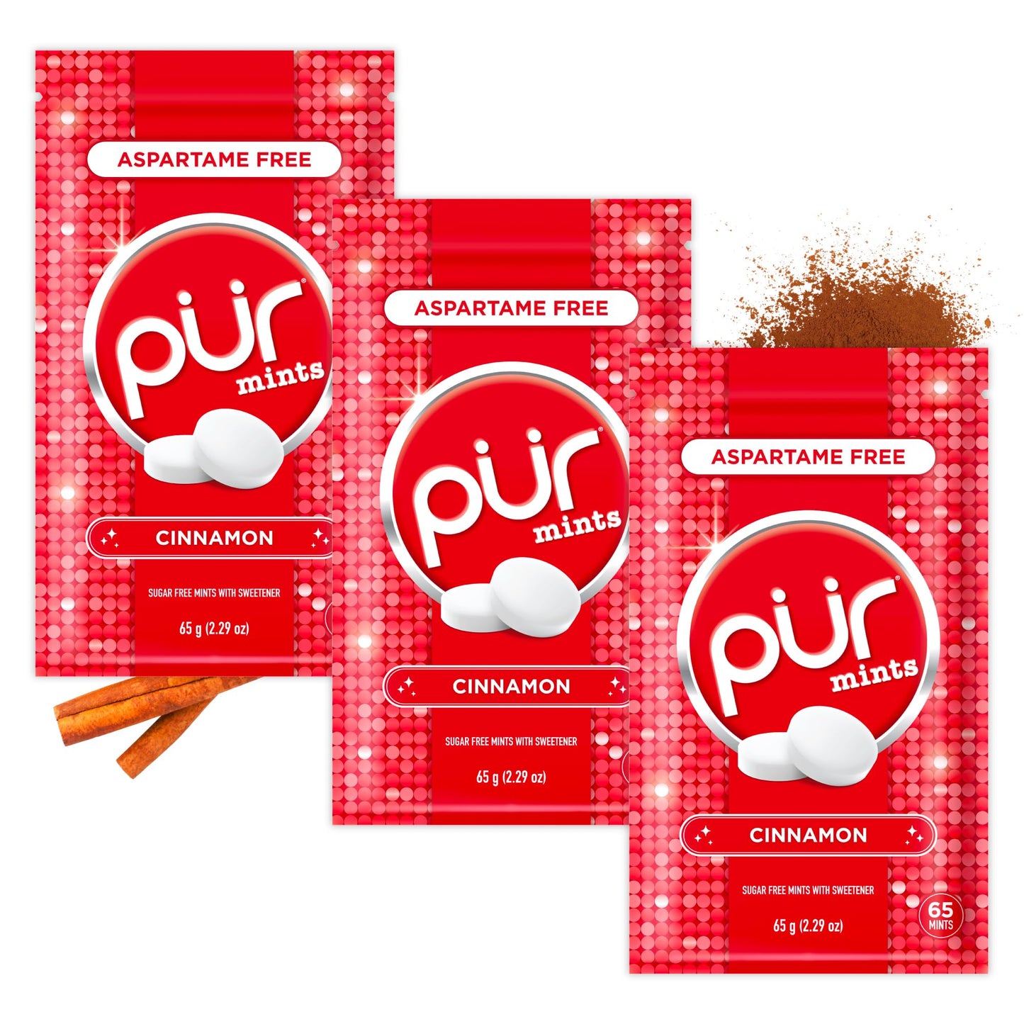 PUR Mints | Aspartame Free Breath Mints | Made with Xylitol | Sugar Free  Vegan  Gluten Free | Natural Cinnamon Flavor | 65 Pieces in Re-Sealable pouch (Pack of 3)