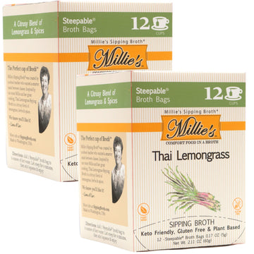 Millies Sipping Broth - Vegetable Broth -Natural-Gluten Free-Keto Friendly Thai Lemongrass 12 Count Box (2-Pack)