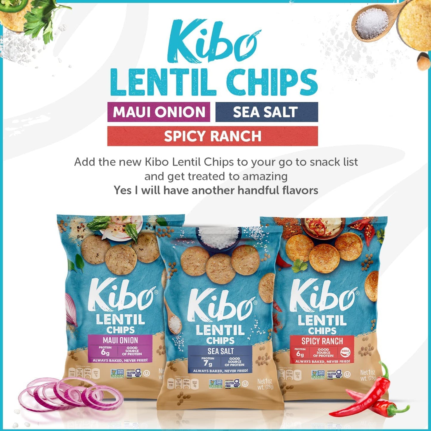 KIBO FOODS Lentil Chips Variety Pack - Gluten-Free, Vegan, Non-GMO, 28g, 18 Pack