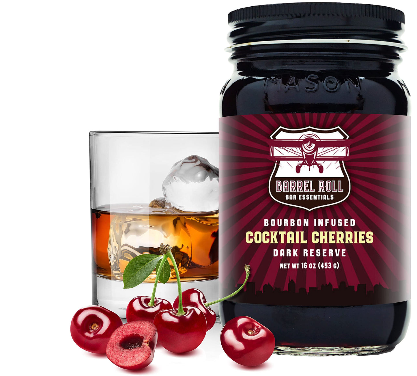 Barrel Roll Bar Essentials Cocktail Cherries - Bourbon-Infused Dark Cherries, 16oz Jar, USA-Made Garnish for Drinks and Desserts
