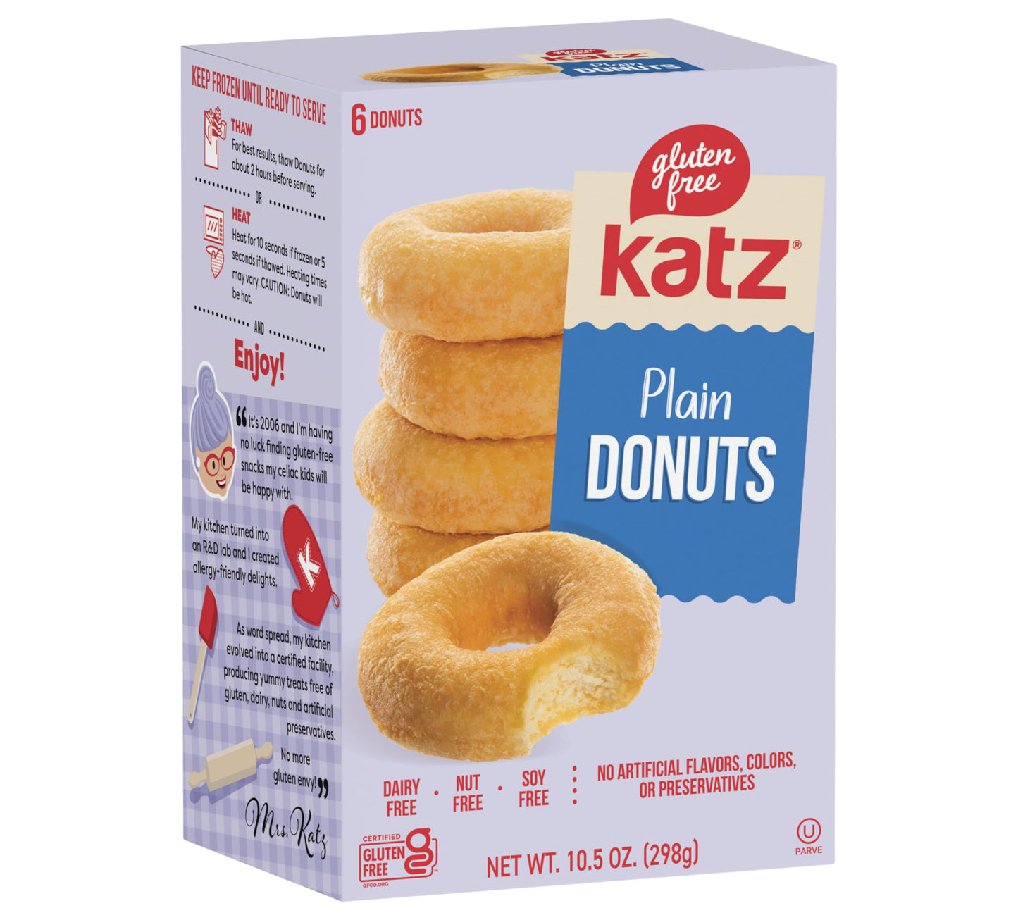 Katz Gluten Free Plain Donuts. Ready to Finish, Free of Soy, Sesame, Dairy, and Nuts. Kosher 10.5oz (1pk)