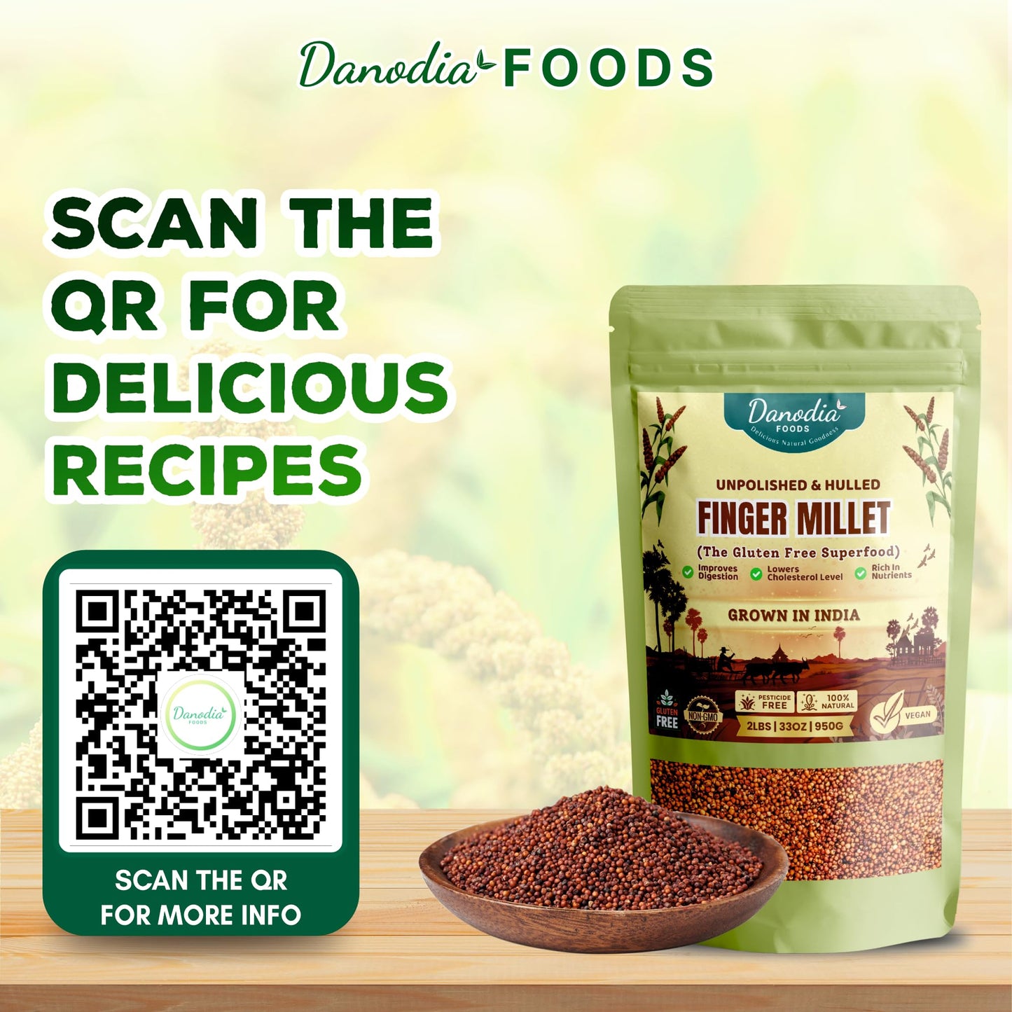 Danodia Foods Whole Grain Finger Millet (Ragi) - 2lbs (950g) | Organic, Hulled, Unpolished, Gluten-Free, Natural Superfood | Hig