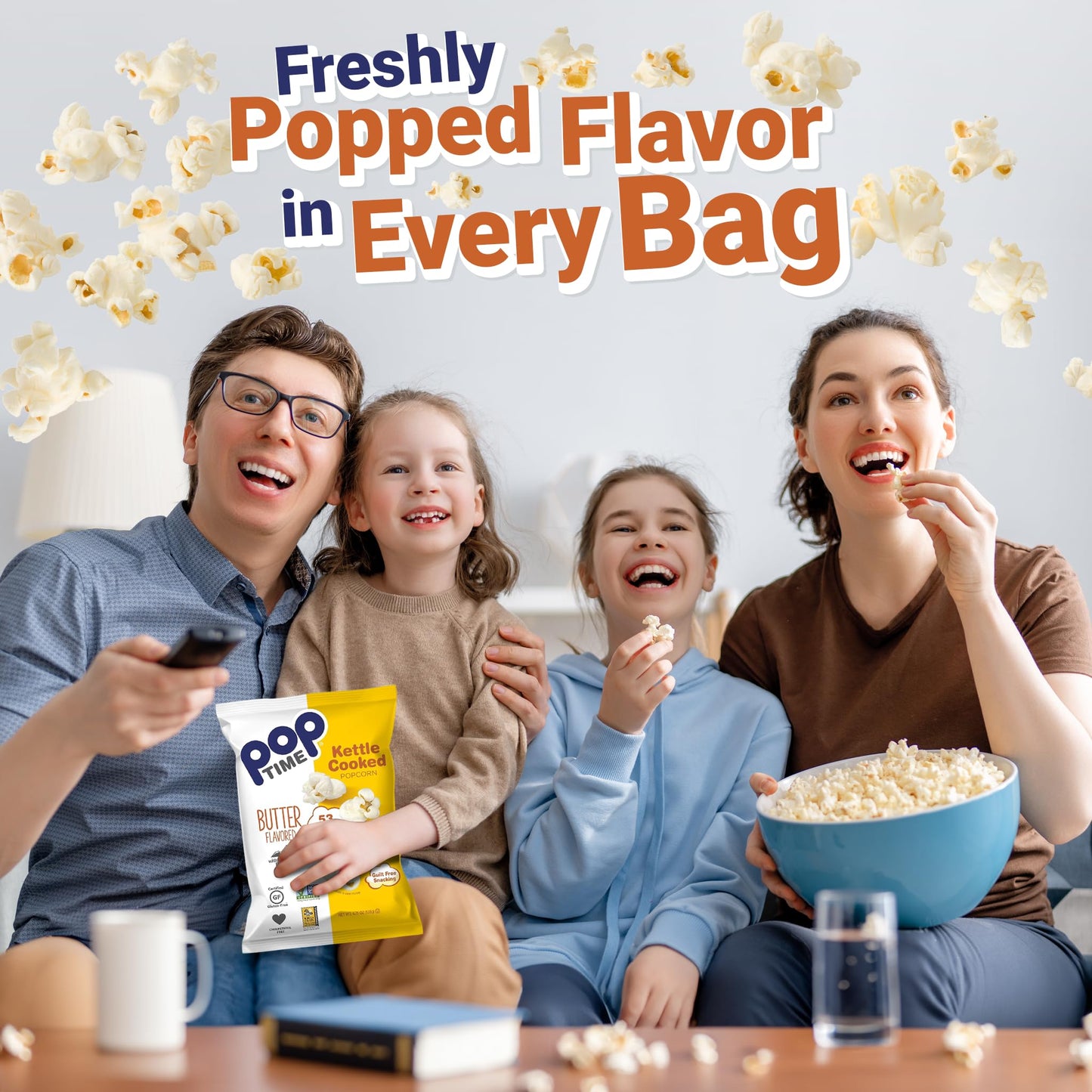 Poptime Kettle Cooked Popcorn - Butter, 4.75Oz Bags (Pack Of 12), Non-Gmo, Gluten Free, Dairy Free, Kosher, Whole Grain, Low Cho