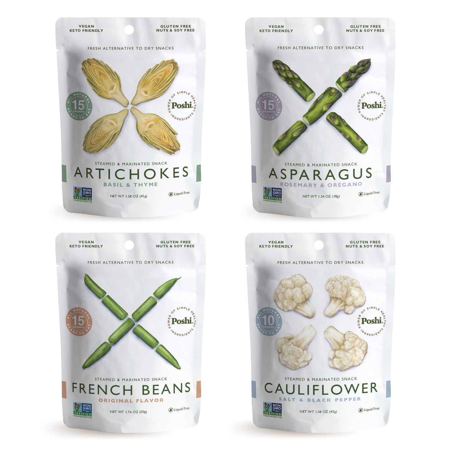 POSHI Marinated Vegetables Variety Pack | Asparagus, French Beans, Cauliflower, Artichoke | Keto, Vegan, Paleo, Non GMO, Gluten Free, Gourmet, Healthy, Fully Cooked (12 Pack)