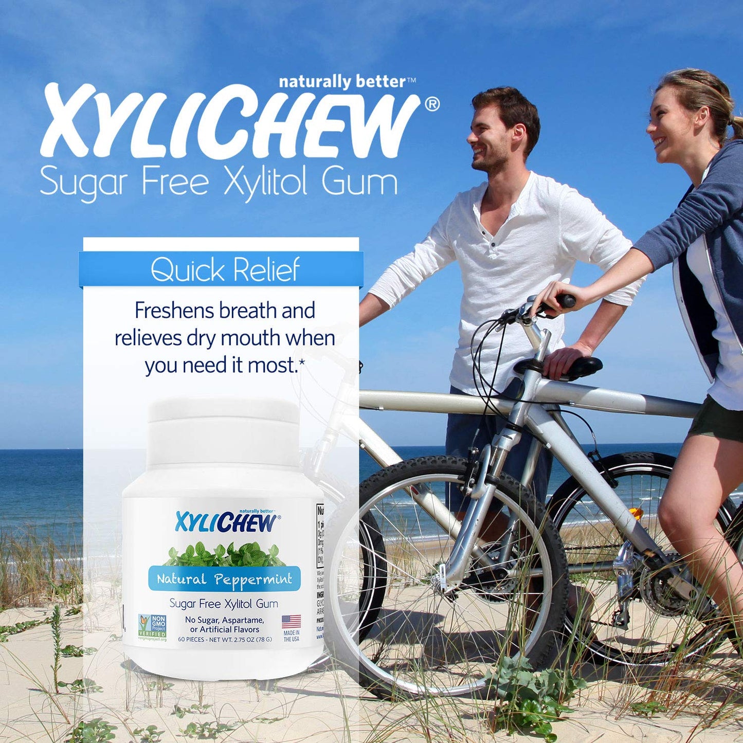 Xylichew Xylitol Chewing Gum - Sugar Free, Non-GMO, Peppermint Flavor - 60 Count