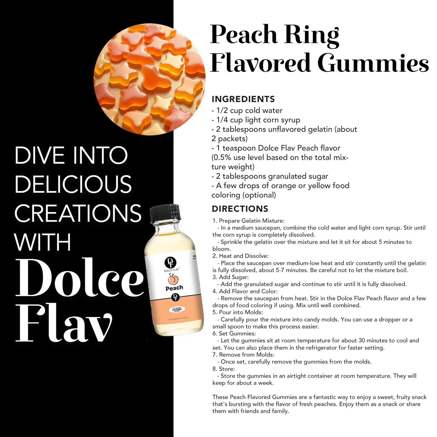 Dolce Flav Peach Extract, 2 Oz Oil-Soluble Flavoring for Baking & Desserts, Kosher, Sugar-Free, Includes Measured Dropper