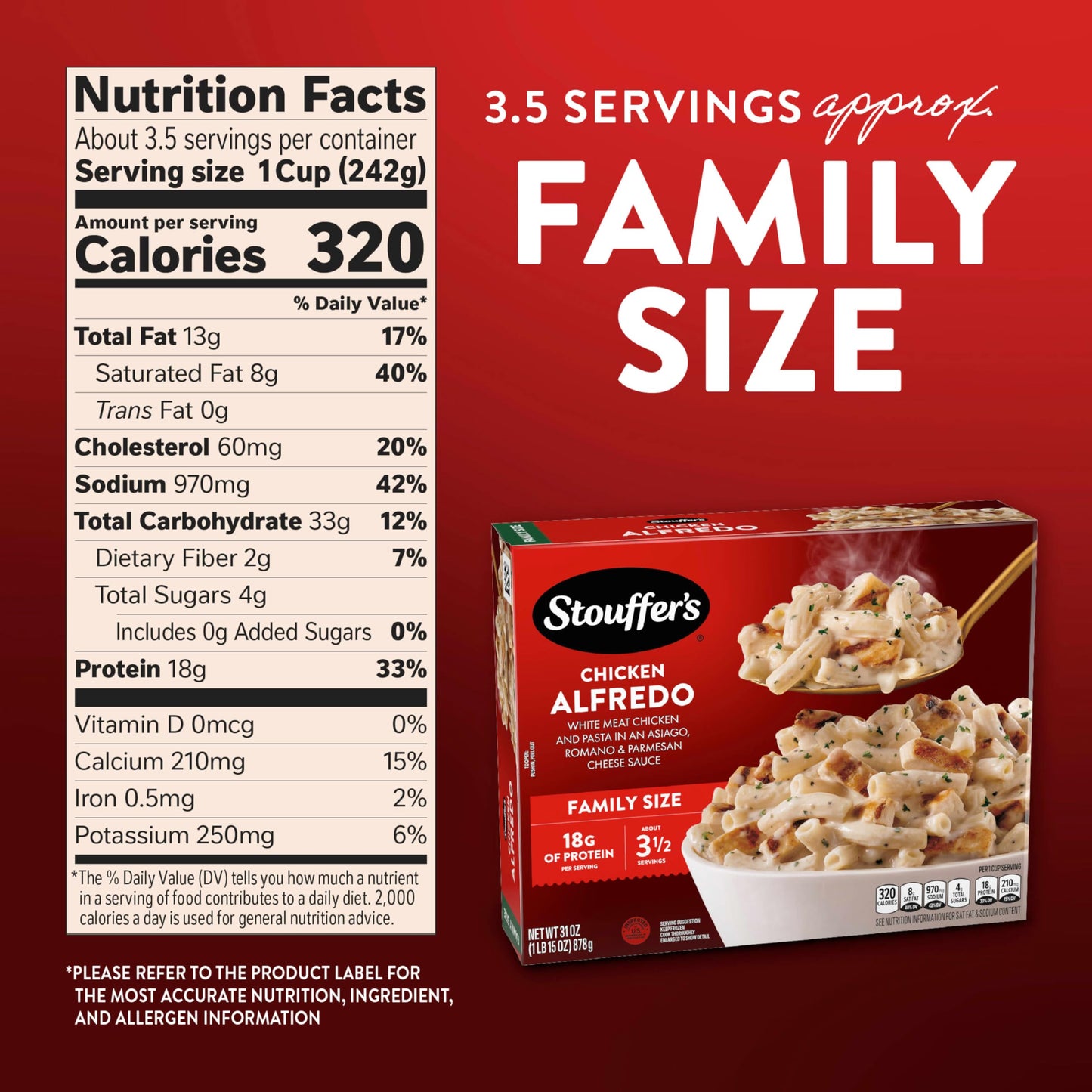 Stouffers Chicken Alfredo Pasta, Family Size, Frozen Chicken Pasta, Frozen Dinners 31 oz