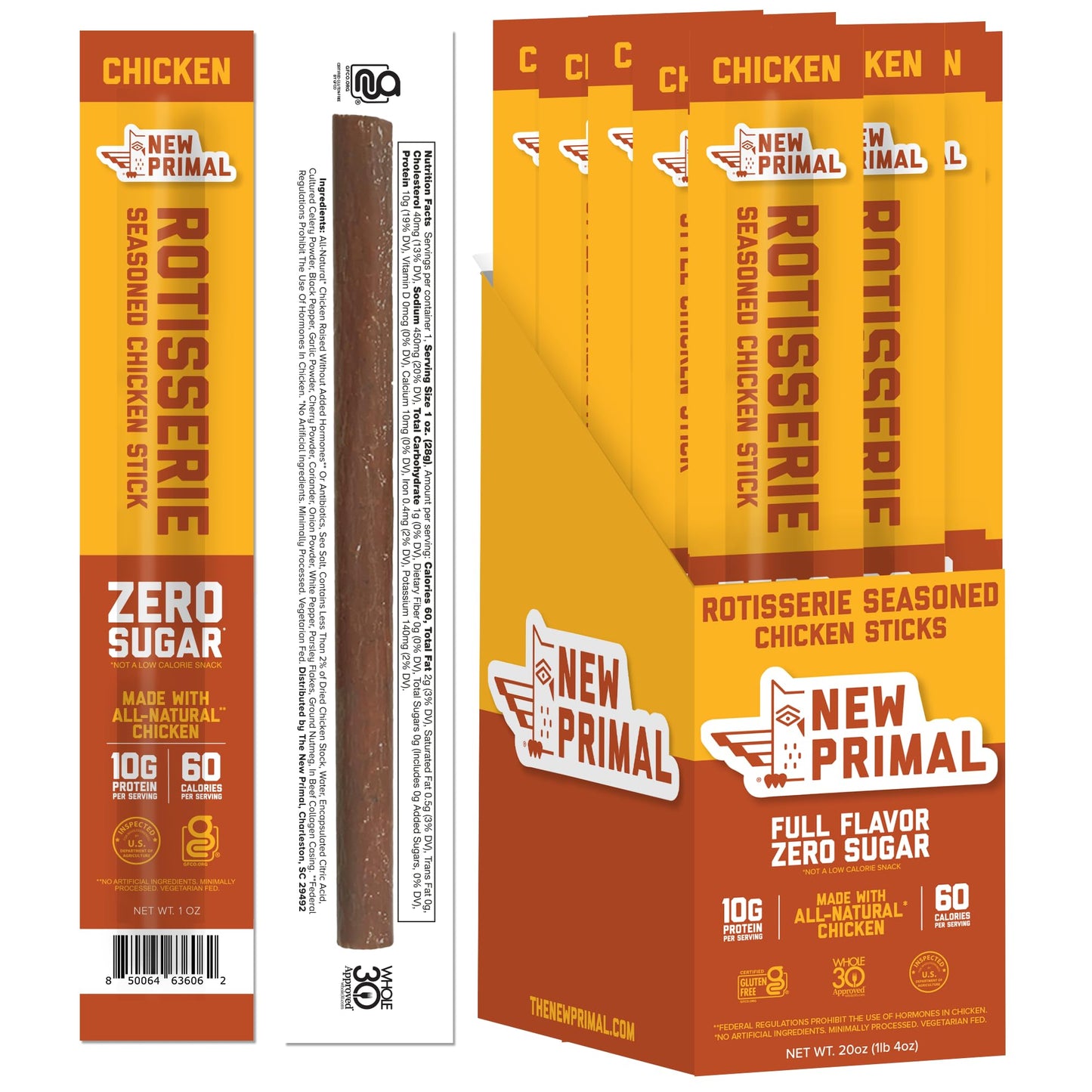 New Primal Rotisserie Chicken Sticks, Zero Sugar High Protein Snack, Gluten Free Whole30 Healthy Snacks, Keto and Paleo Friendly