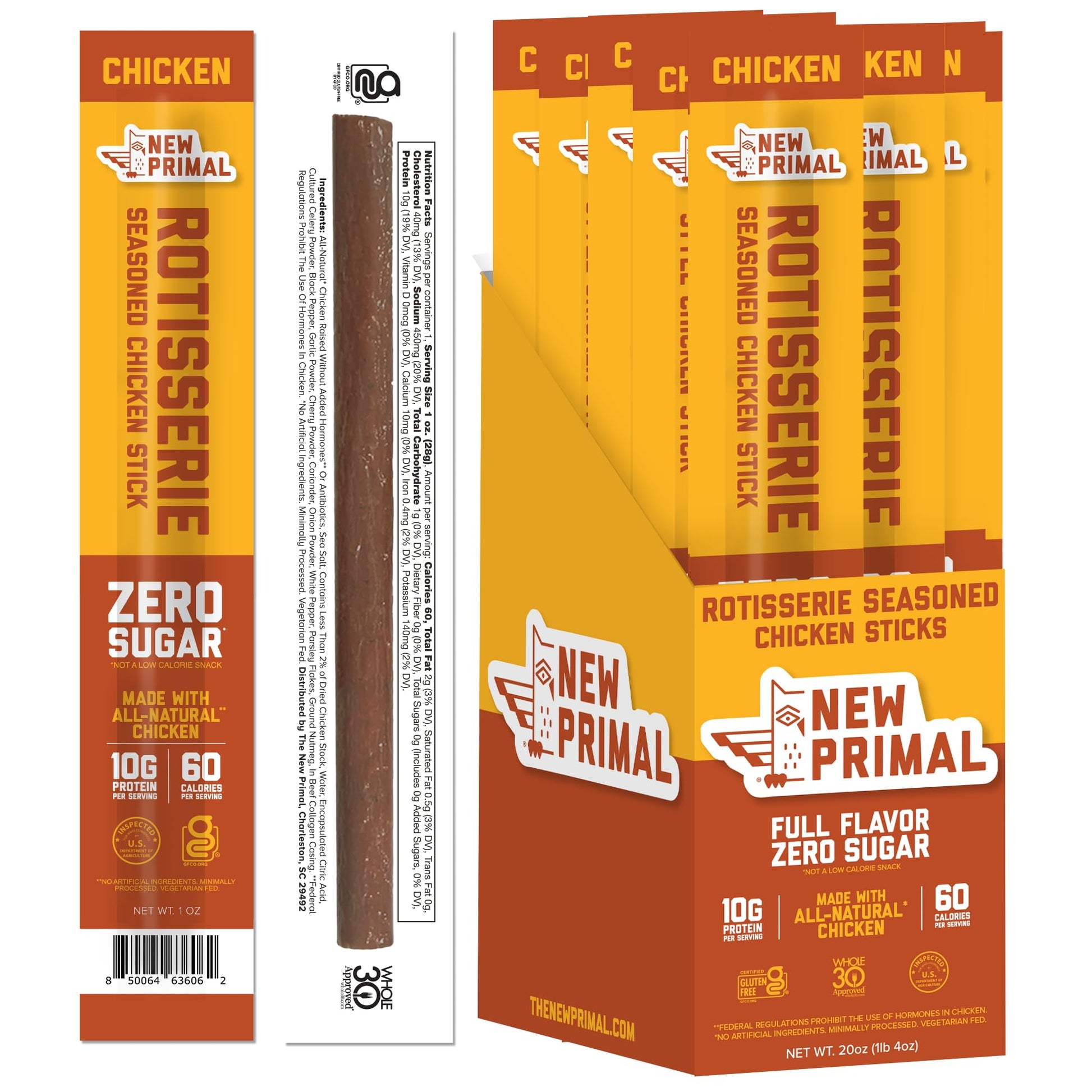 New Primal Rotisserie Chicken Sticks, Zero Sugar High Protein Snack, Gluten Free Whole30 Healthy Snacks, Keto and Paleo Friendly