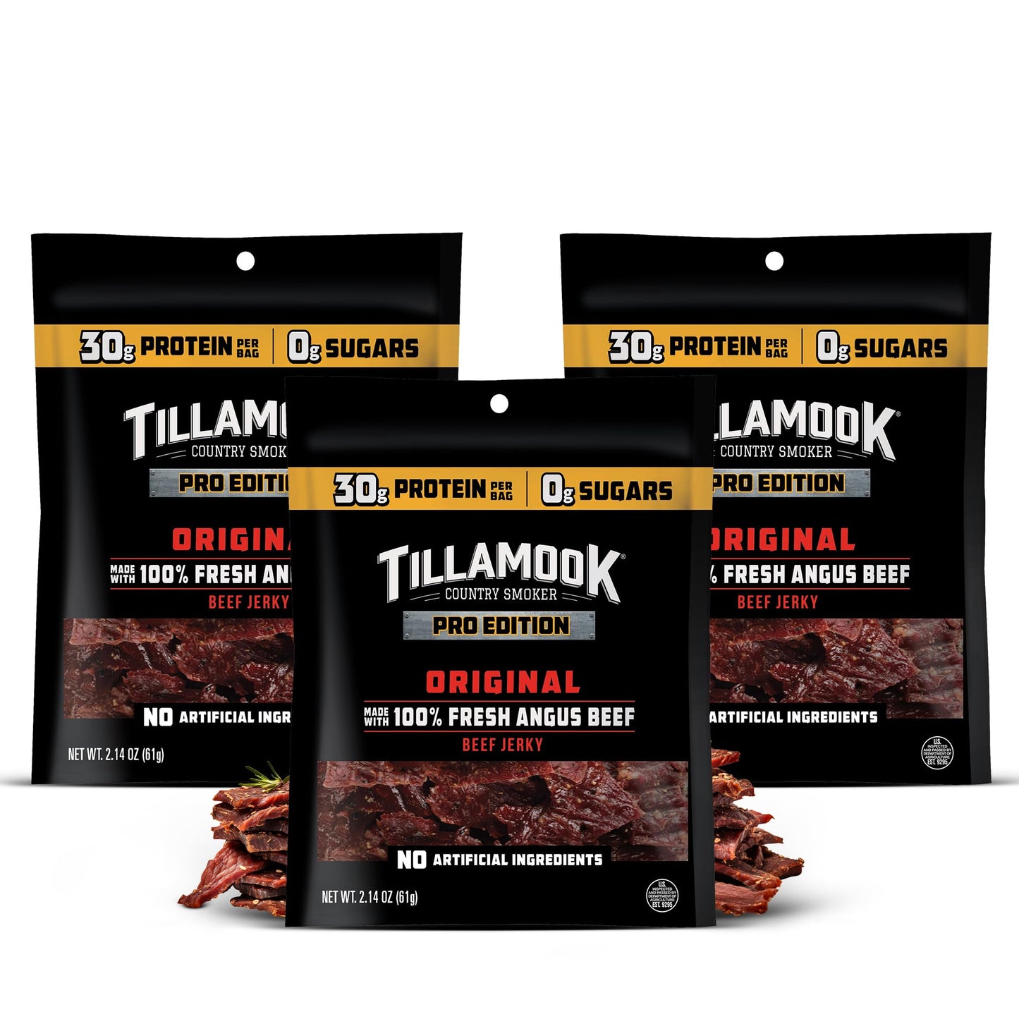Tillamook Beef Jerky, Zero Sugar Original, 2.14 Oz (3 Pack), Low Carb, High Protein, Gluten Free, Ready to Eat Snack