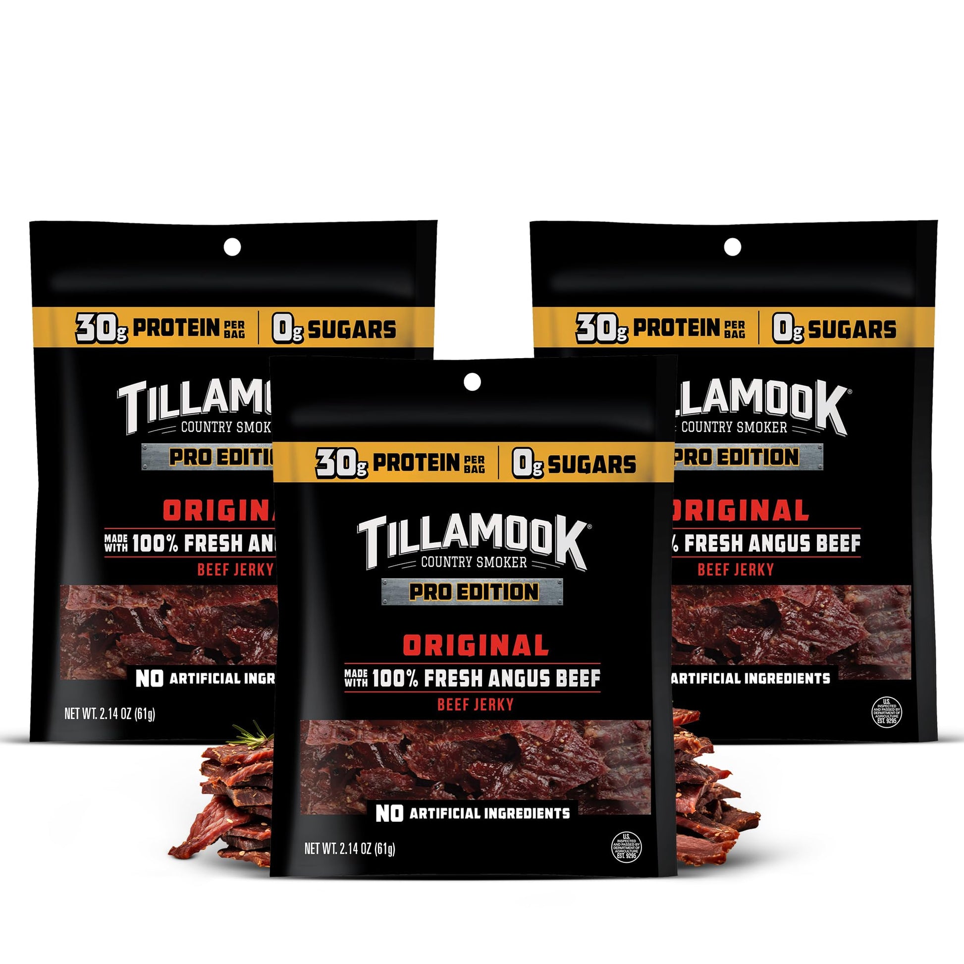 Tillamook Beef Jerky, Zero Sugar Original, 2.14 Oz (3 Pack), Low Carb, High Protein, Gluten Free, Ready to Eat Snack