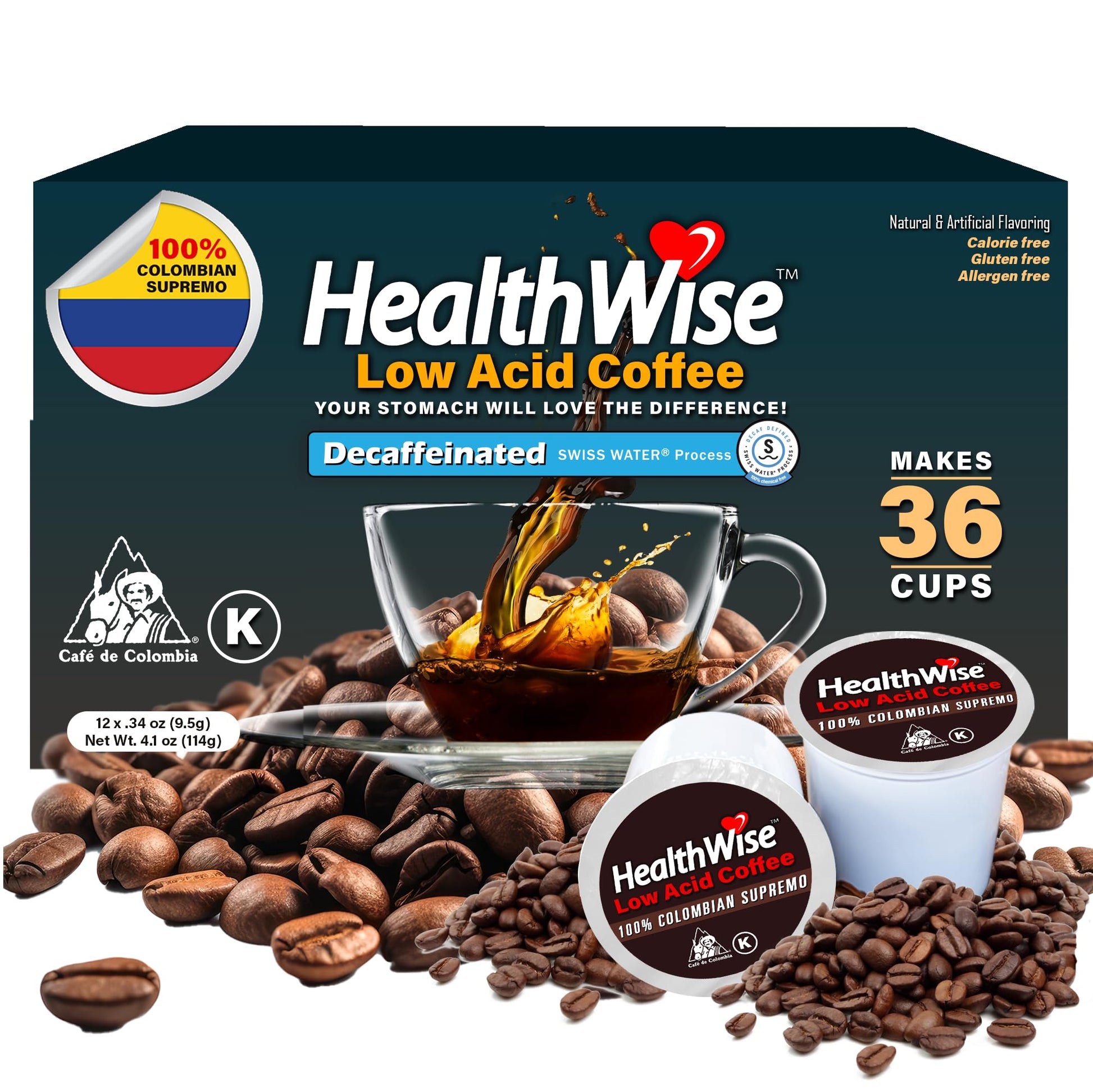 Healthwise Low Acid Unflavored Decaf  Chemical-Free Swiss Water Process  99.9% Caffeine Free  100% Colombian Coffee K-Cups - Medium Roast  Healthier for Sensitive Stomachs - 36 Count (Pack of 3)
